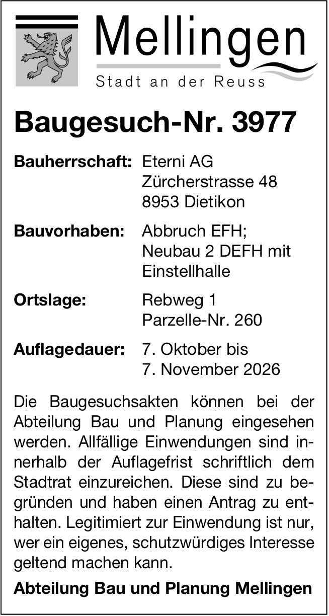 Baugesuche, Mellingen - Baugesuch-Nr. 3877, Eterni AG