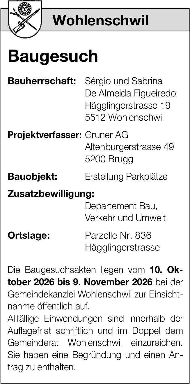 Baugesuche, Wohlenschwil - Sérgio und Sabrina De Almeida Figueiredo