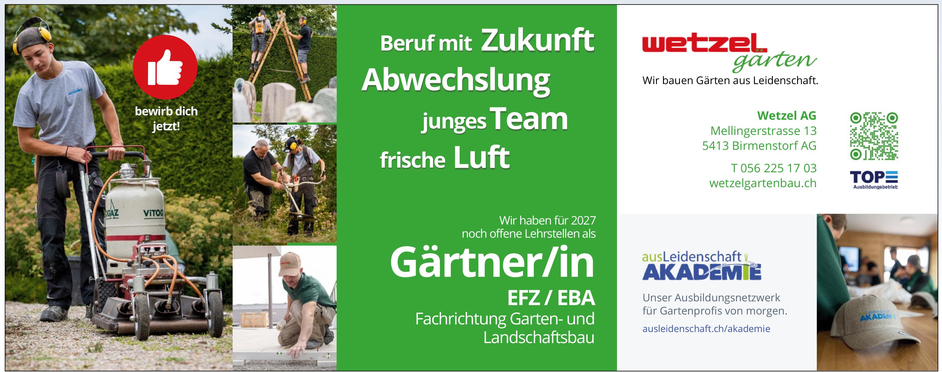 Offene Lehrstellen als Gärtner/in EFZ / EBA, Wetzel AG, Birmenstorf AG, zu vergeben