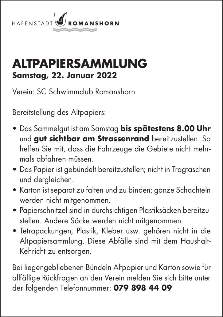 Hafenstadt Romanshorn, Altpapiersammlung Samstag, 22. Januar 2022
