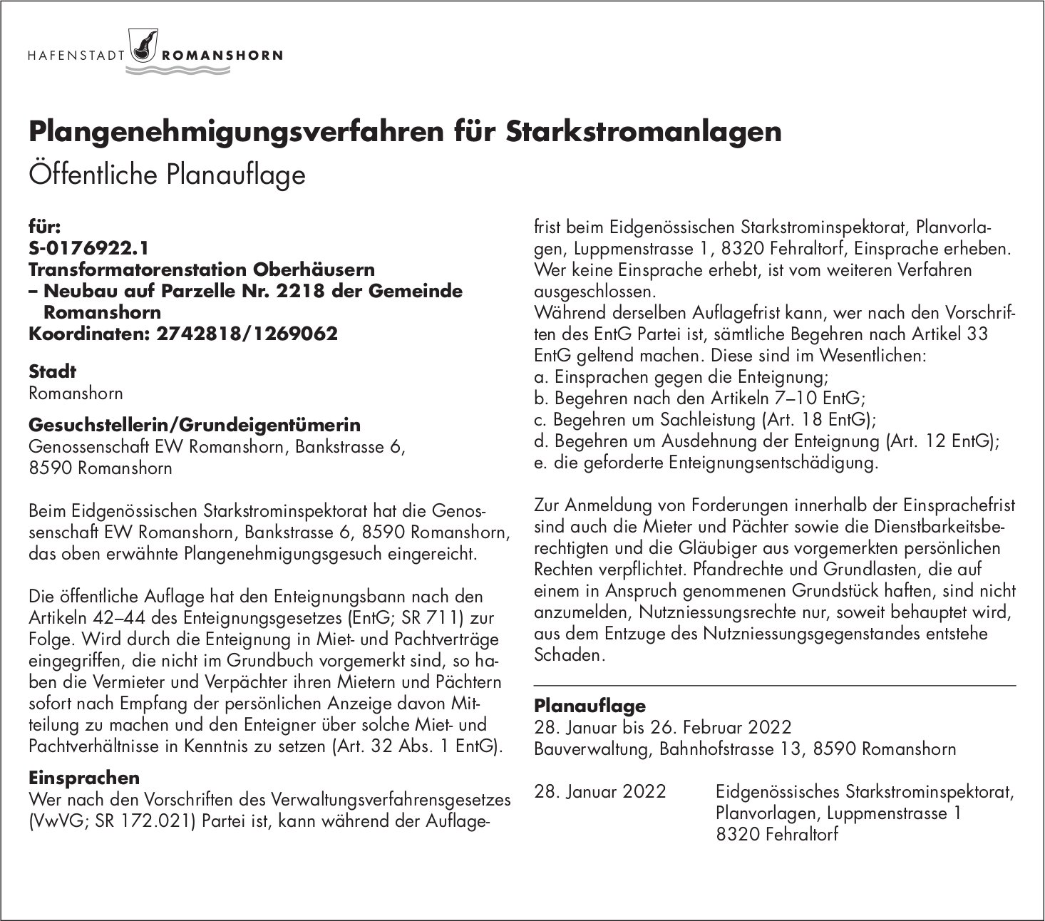 Hafenstadt Romanshorn, Plangenehmigungsverfahren für Starkstromanlagen