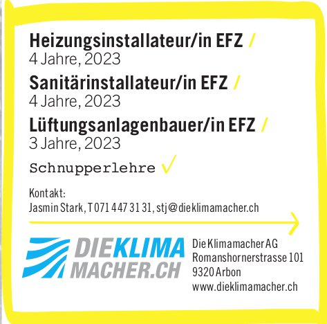 Klimamacher AG, Arbon - Heizungsinstallateur/in EFZ / Sanitärinstallateur/in EFZ / Lüftungsanlagenbauer/in EFZ /