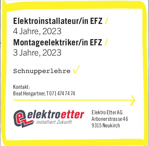 Elektro Etter AG, Neukirch - Elektroinstallateur/in EFZ / Montageelektriker/in EFZ /