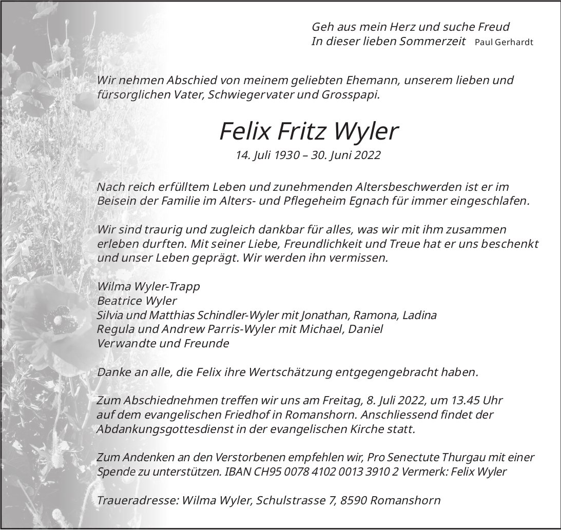 Wyler Felix Fritz, Juni 2022 / TA