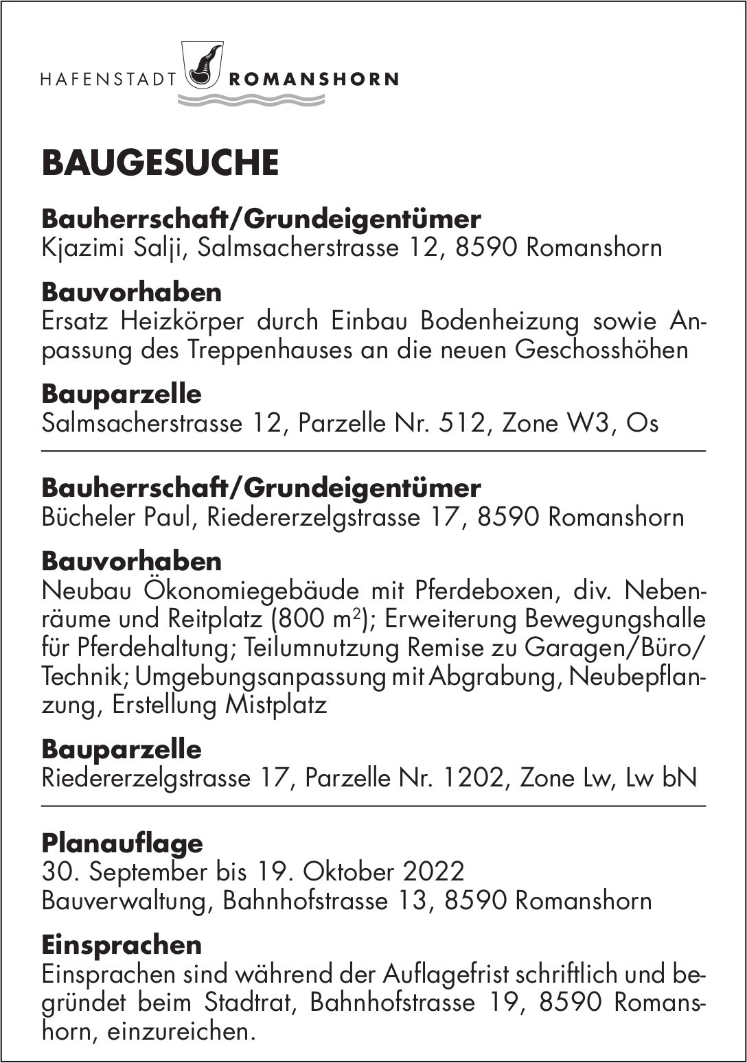 Baugesuche vom 30. September 2022, Romanshorn