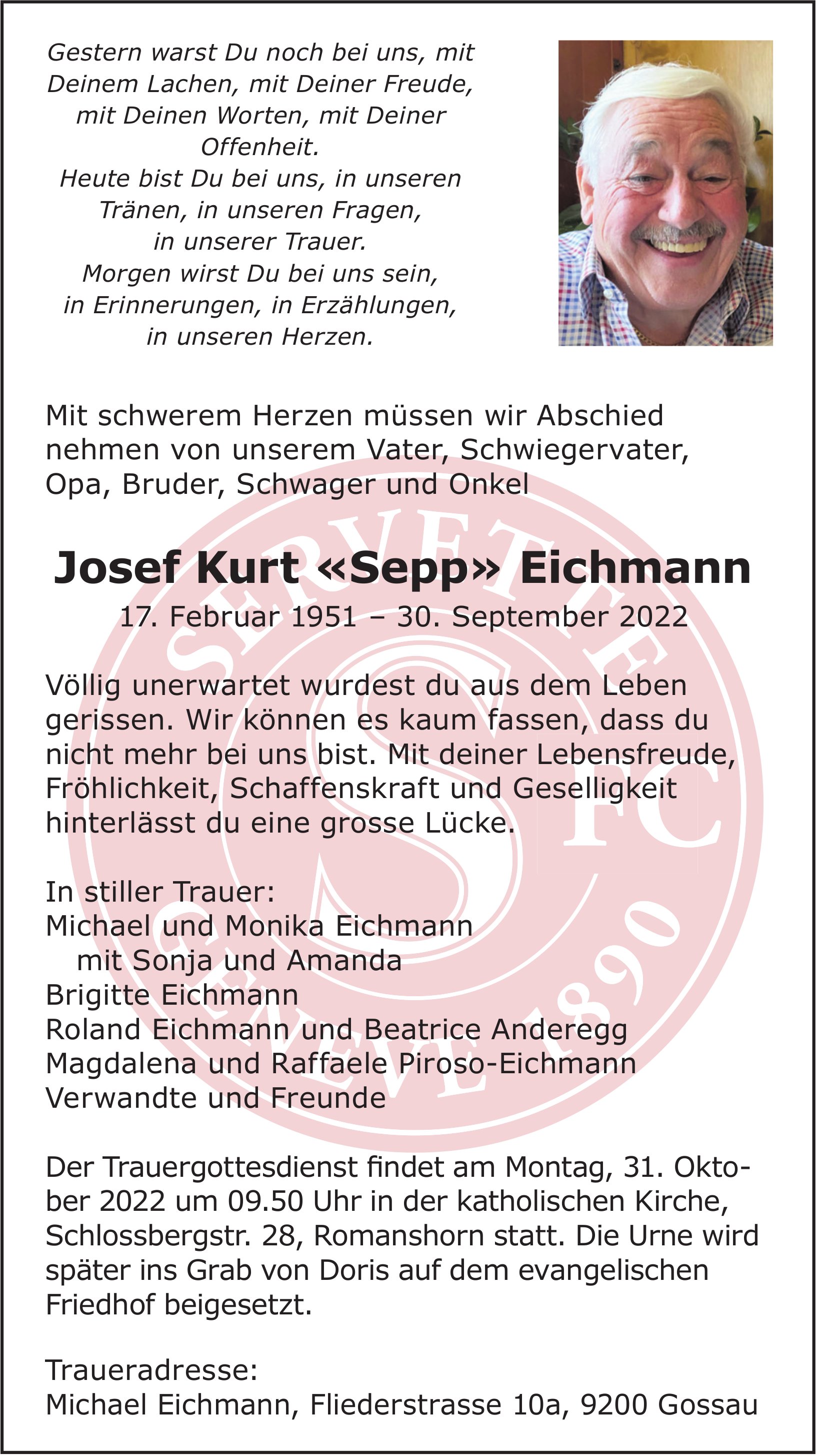 Eichmann Josef Kurt «Sepp», September 2022 / JG