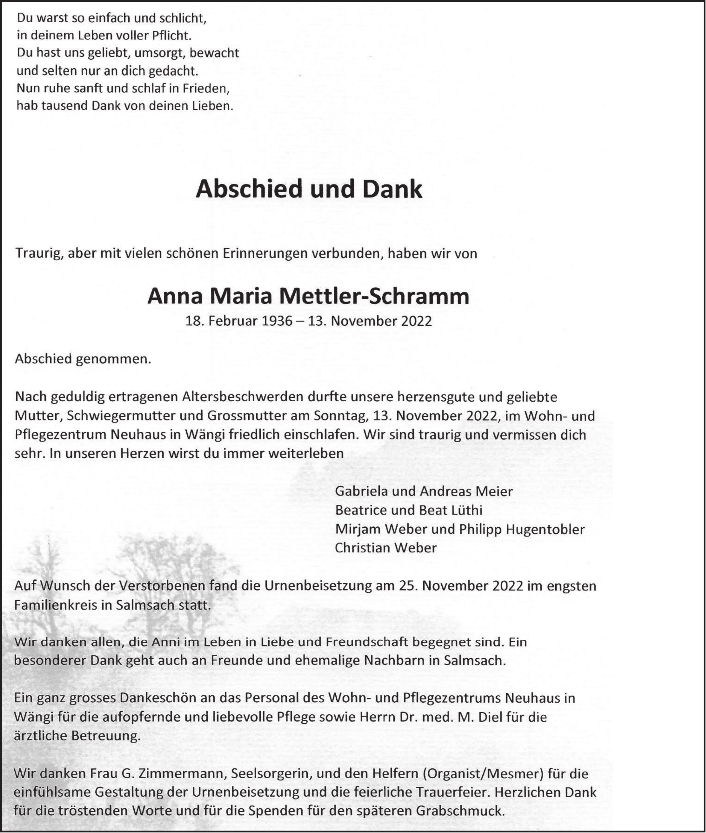 Anna Maria Mettler-Schramm, November 2022 / TA