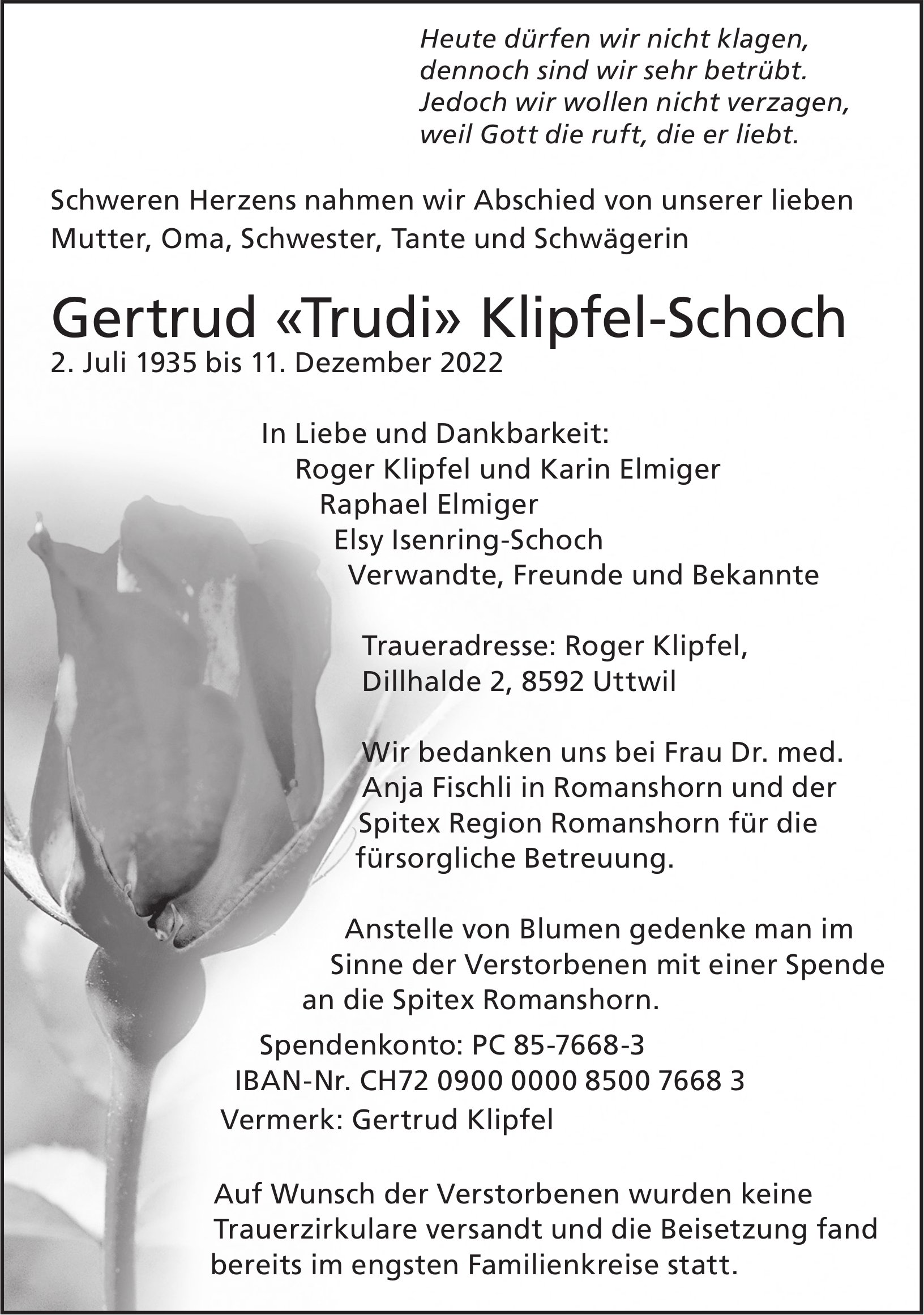 Klipfel-Schoch Gertrud «Trudi», Dezember 2022 / TA