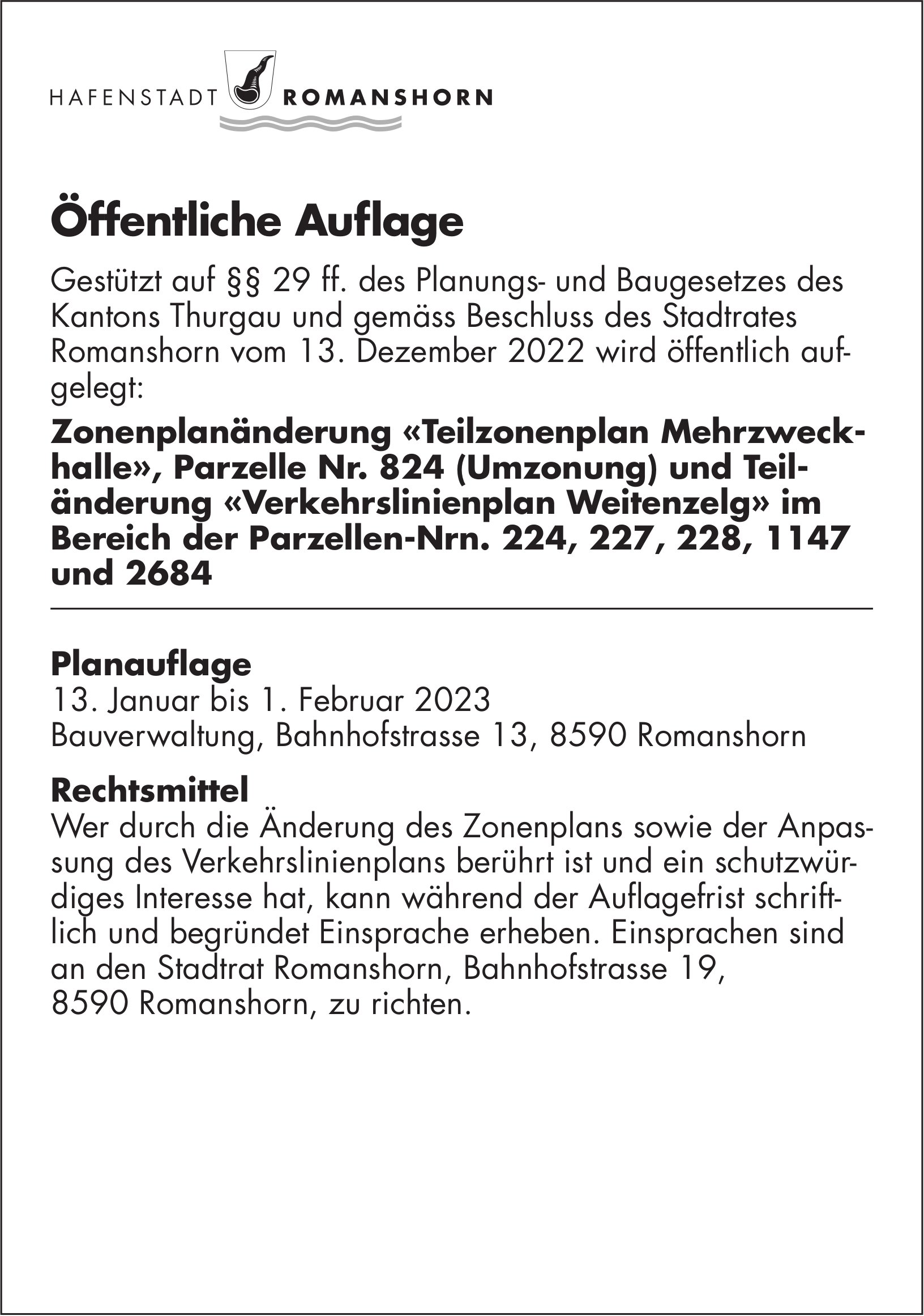 Hafenstadt Romanshorn, Öffentliche Auflage vom 13. Januar 2023