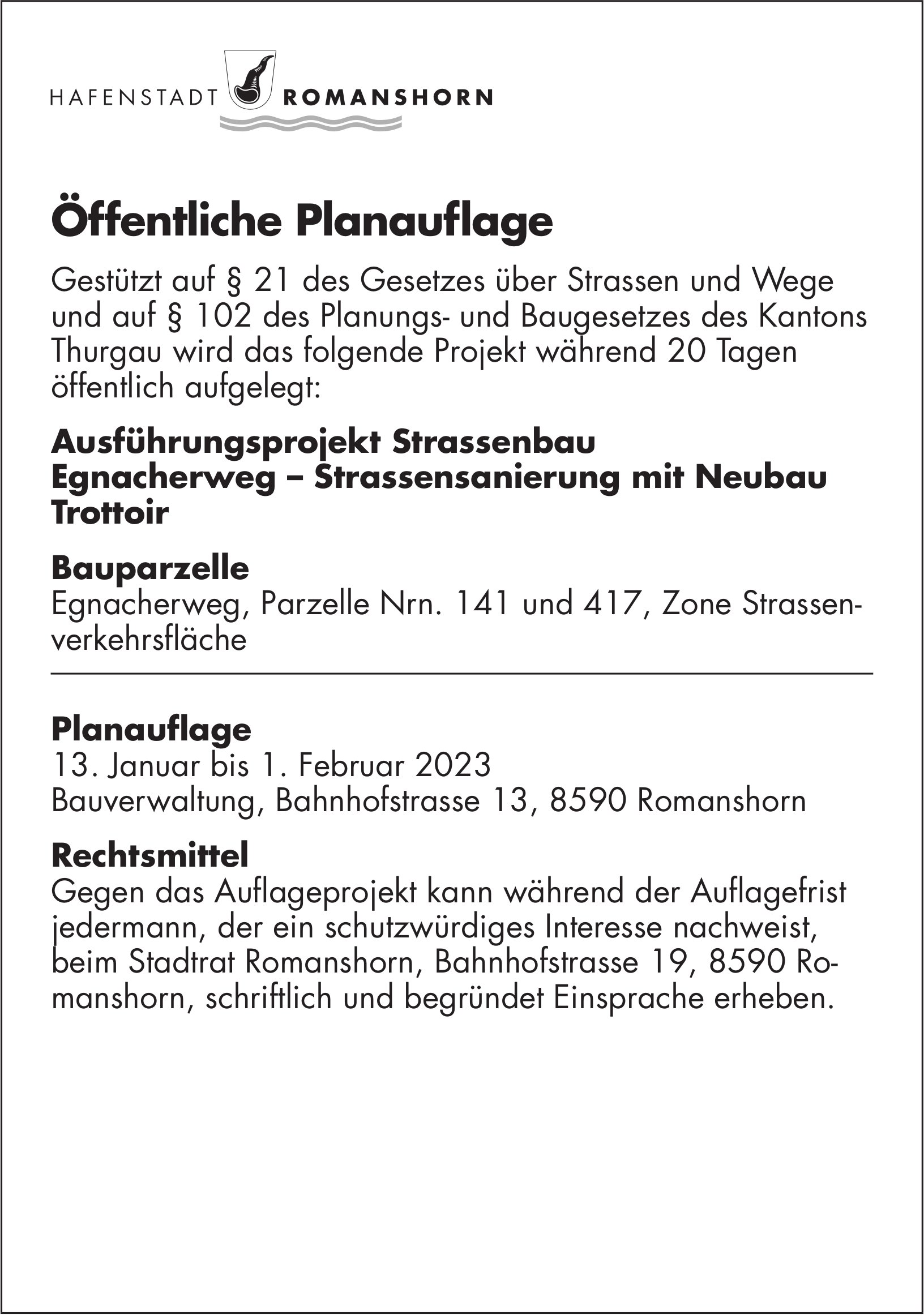 Hafenstadt Romanshorn, Öffentliche Planauflage vom 13. Januar 2023