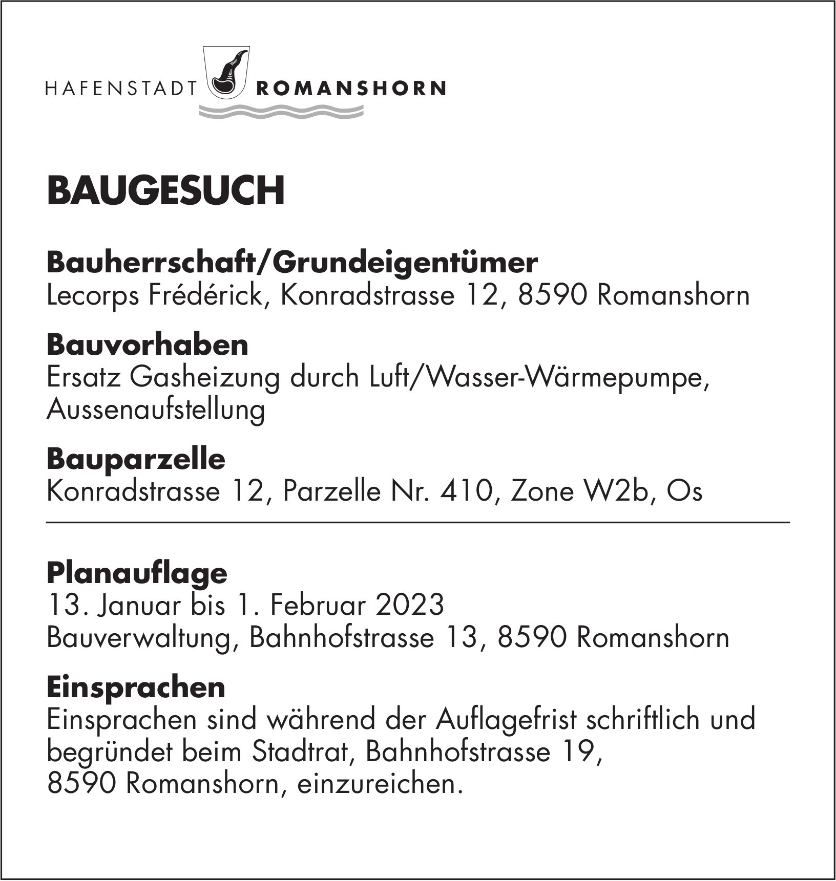 Baugesuche vom 13. Januar 2023, Hafenstadt Romanshorn