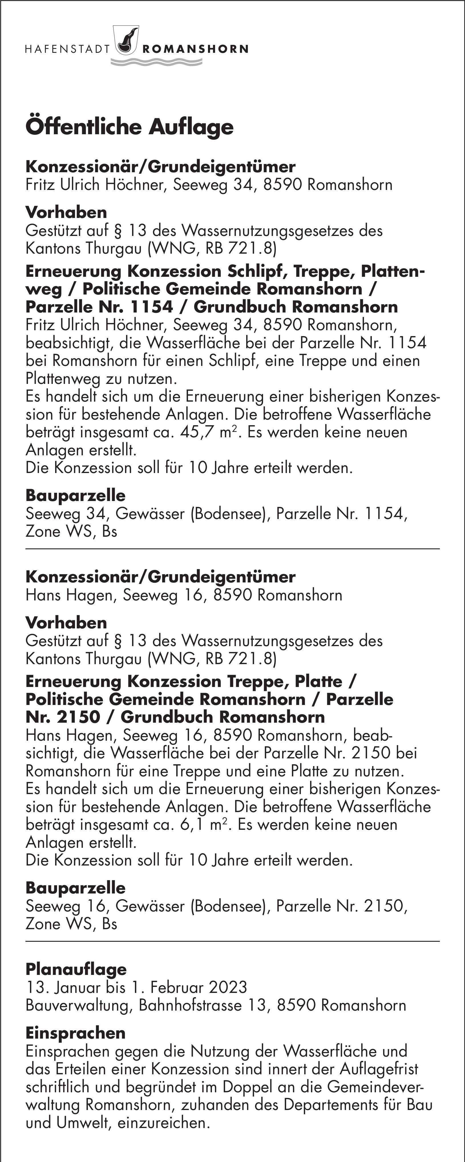 Hafenstadt Romanshorn, Öffentliche Auflage vom 13. Januar 2023