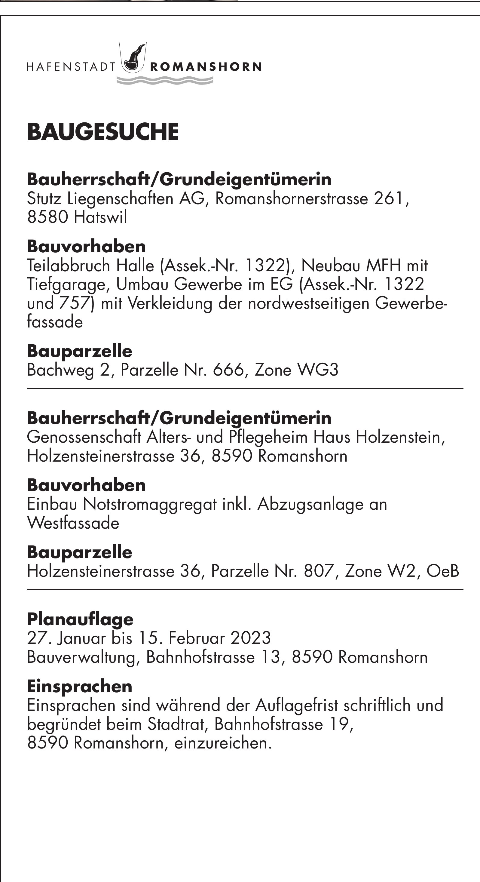 Baugesuche vom 27. Januar 2023, Hafenstadt Romanshorn