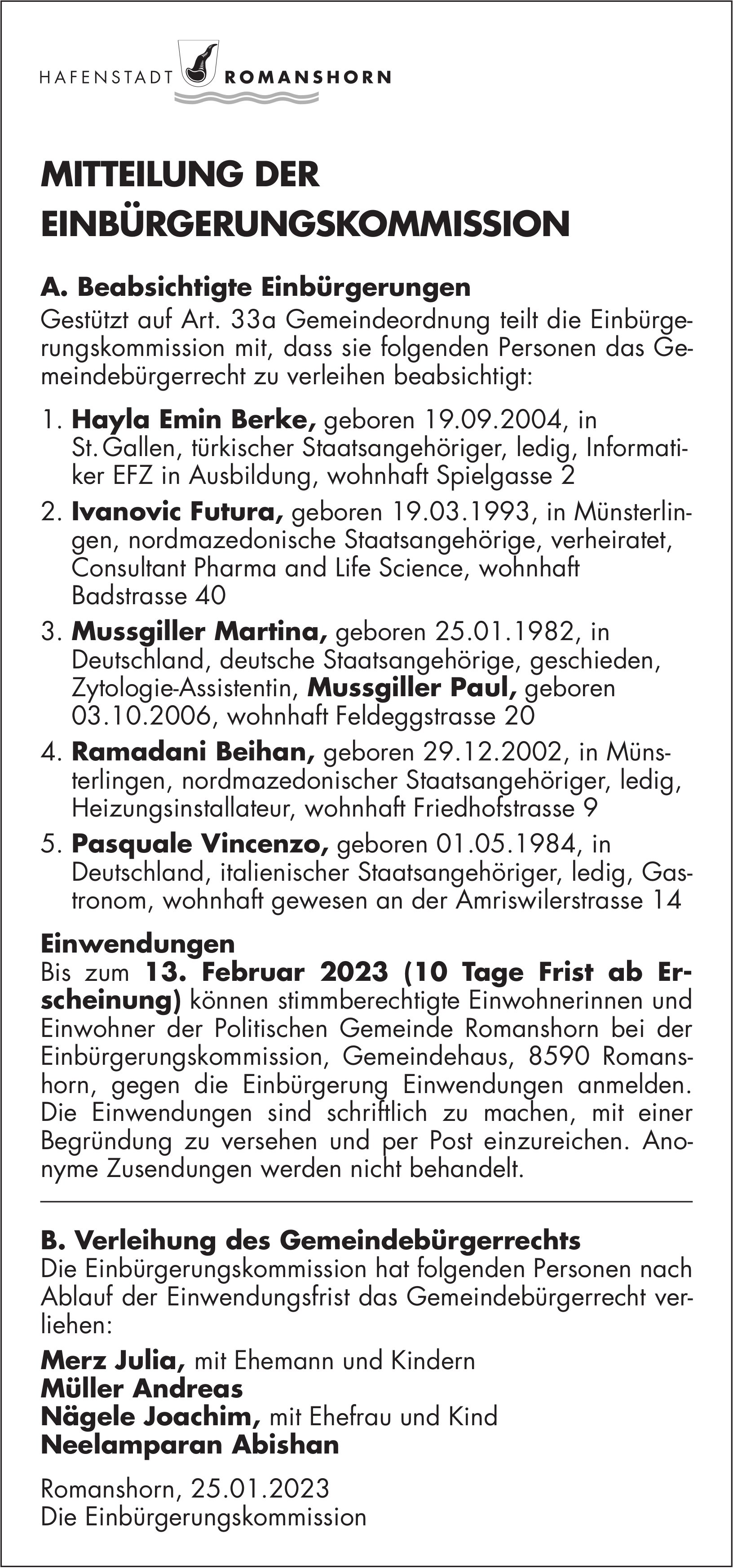 Romanshorn - Mitteilung der Einbürgerungskommission vom 25. Januar 2023