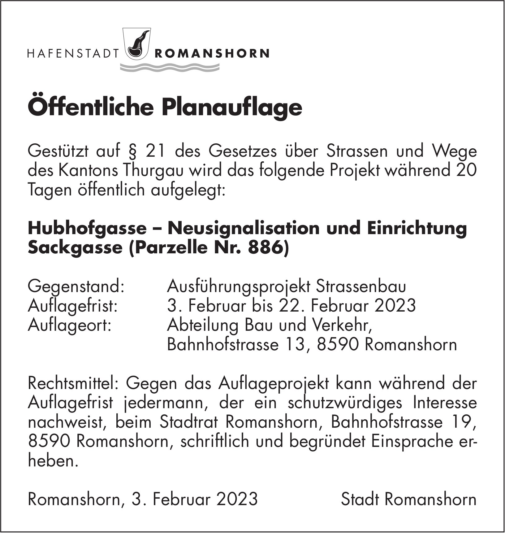 Stadt Romanshorn, Öffentliche Planauflage vom 3. Februar 2023