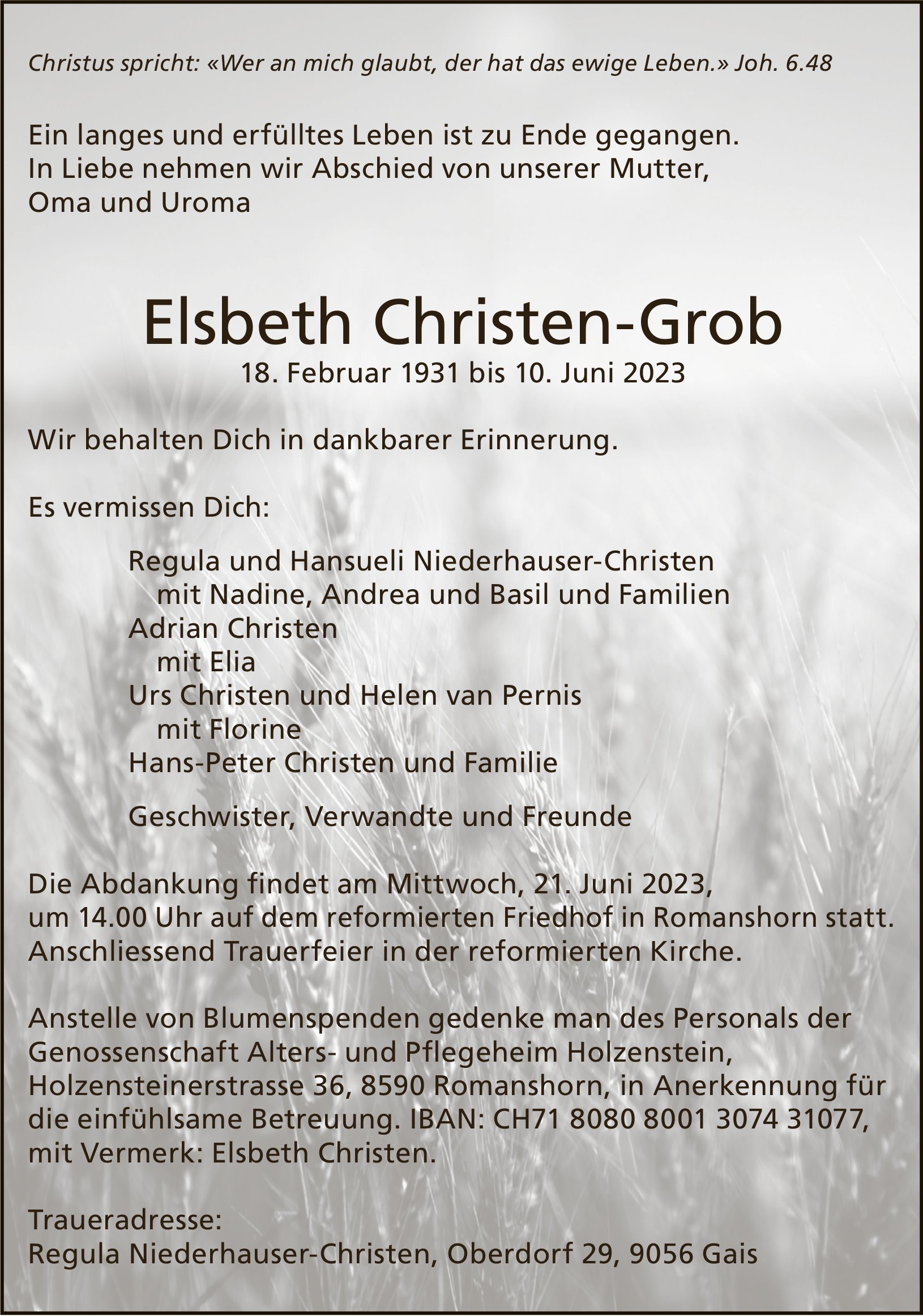 Christen-Grob Elsbeth, Juni 2023 / TA