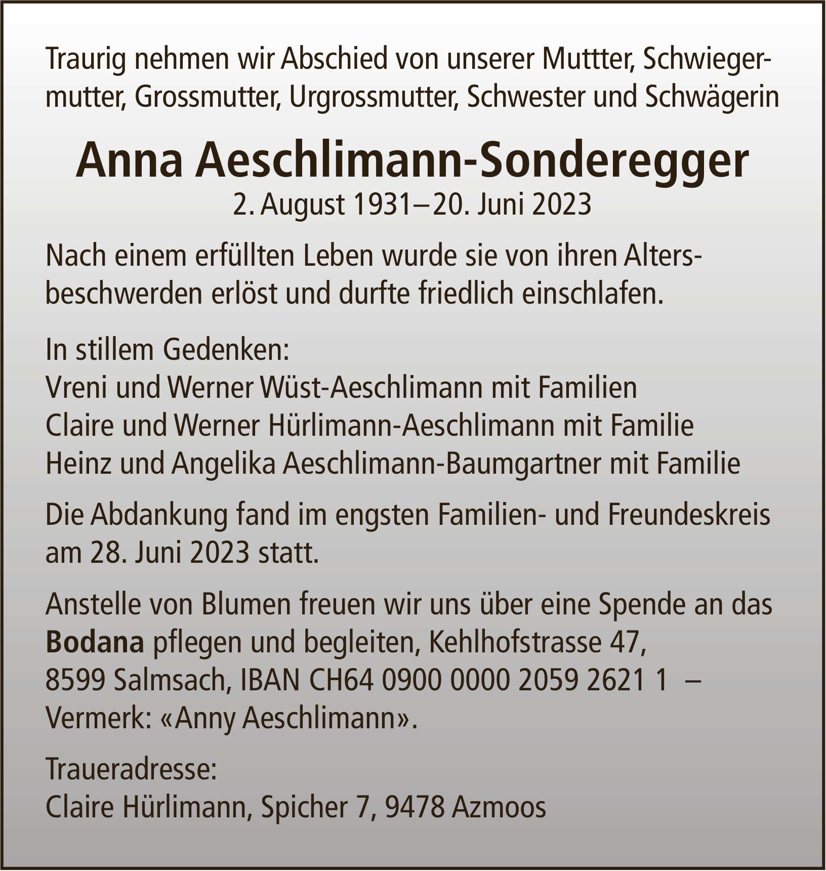 Aeschlimann-Sonderegger Anna, Juni 2023 / TA