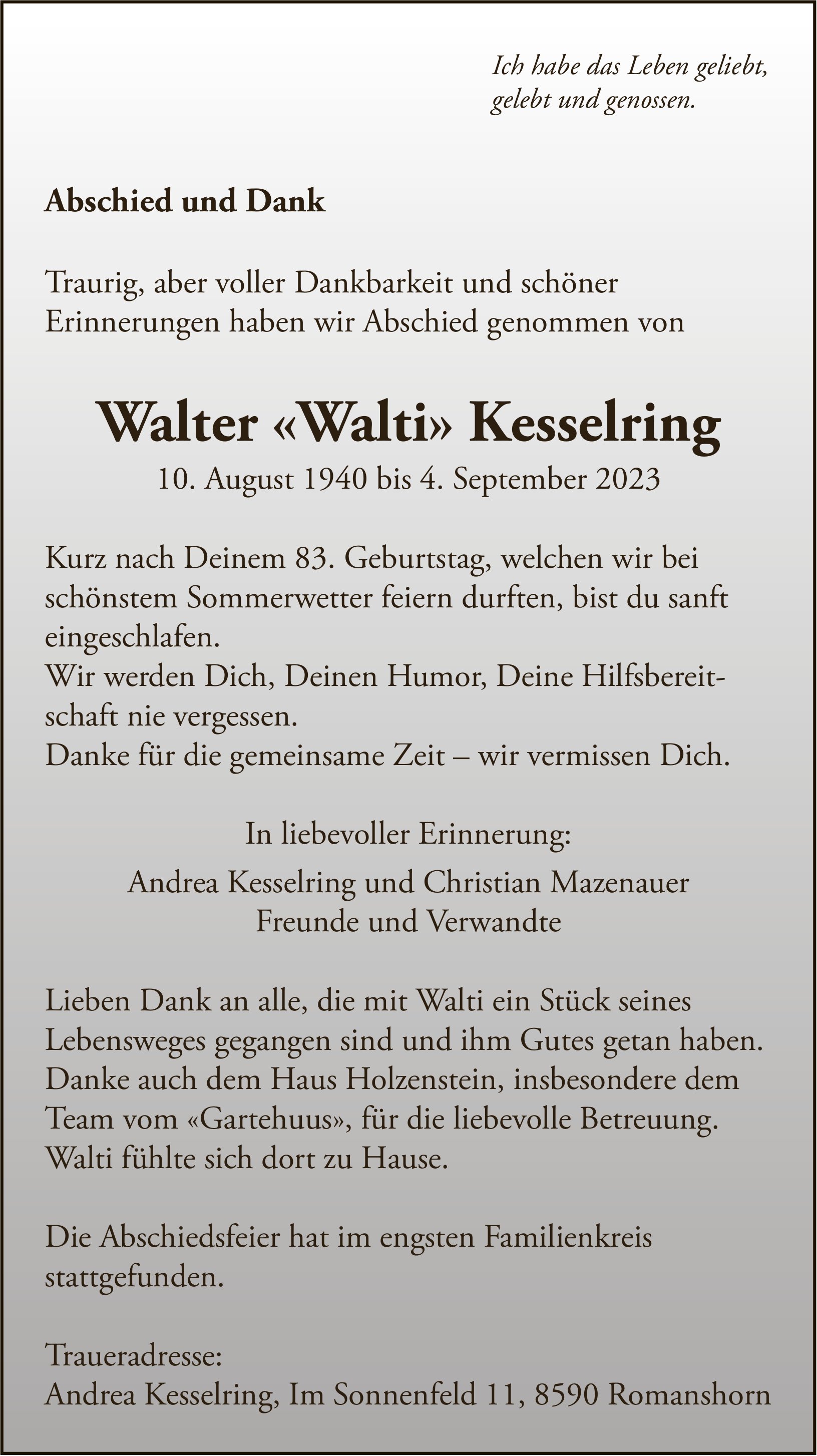 Kesselring Walter «Walti», September 2023 / TA