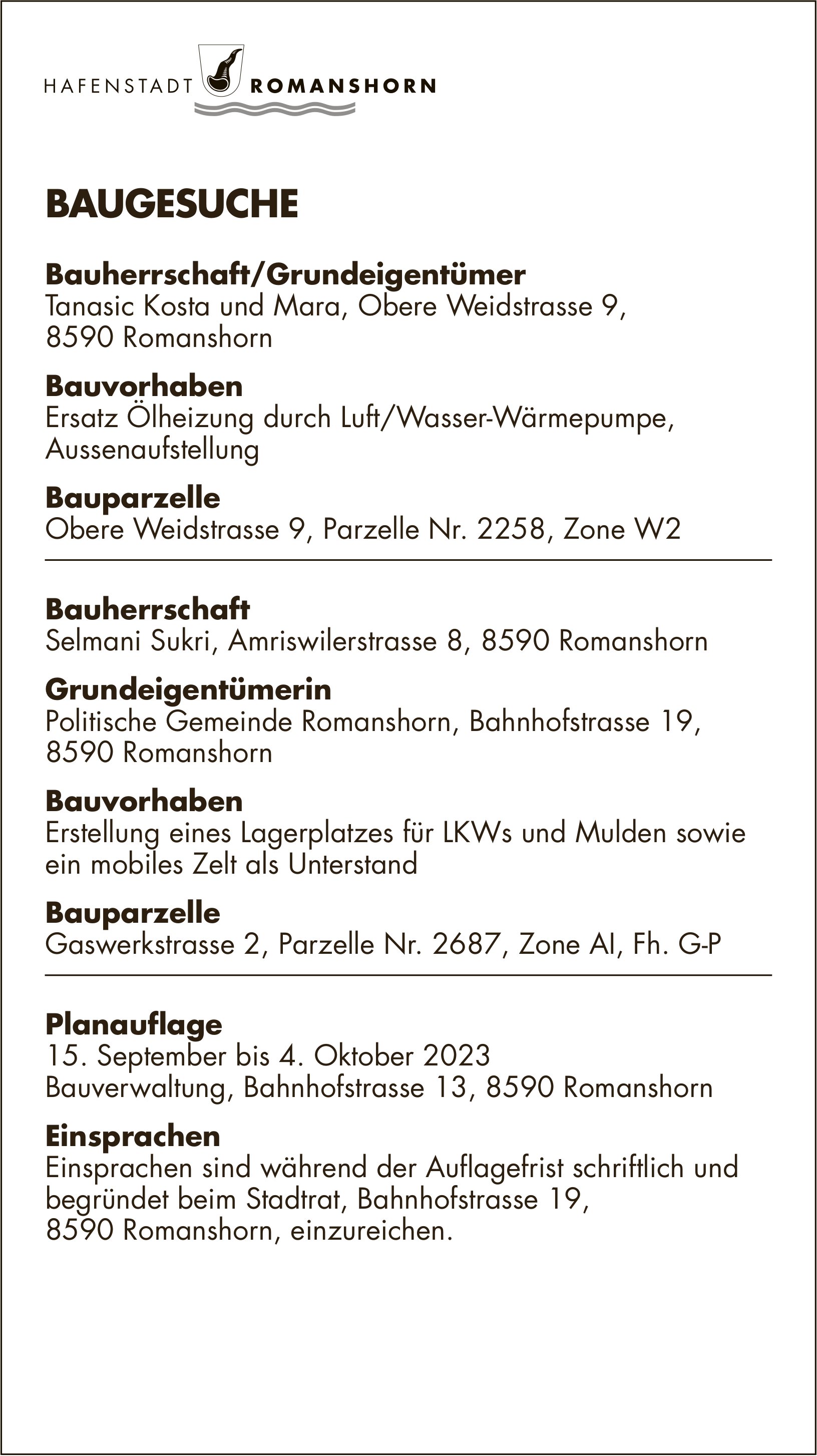 Baugesuche vom 15. September bis 4. Oktober 2023, Romanshorn - Bauherrschaft/Grundeigentümer