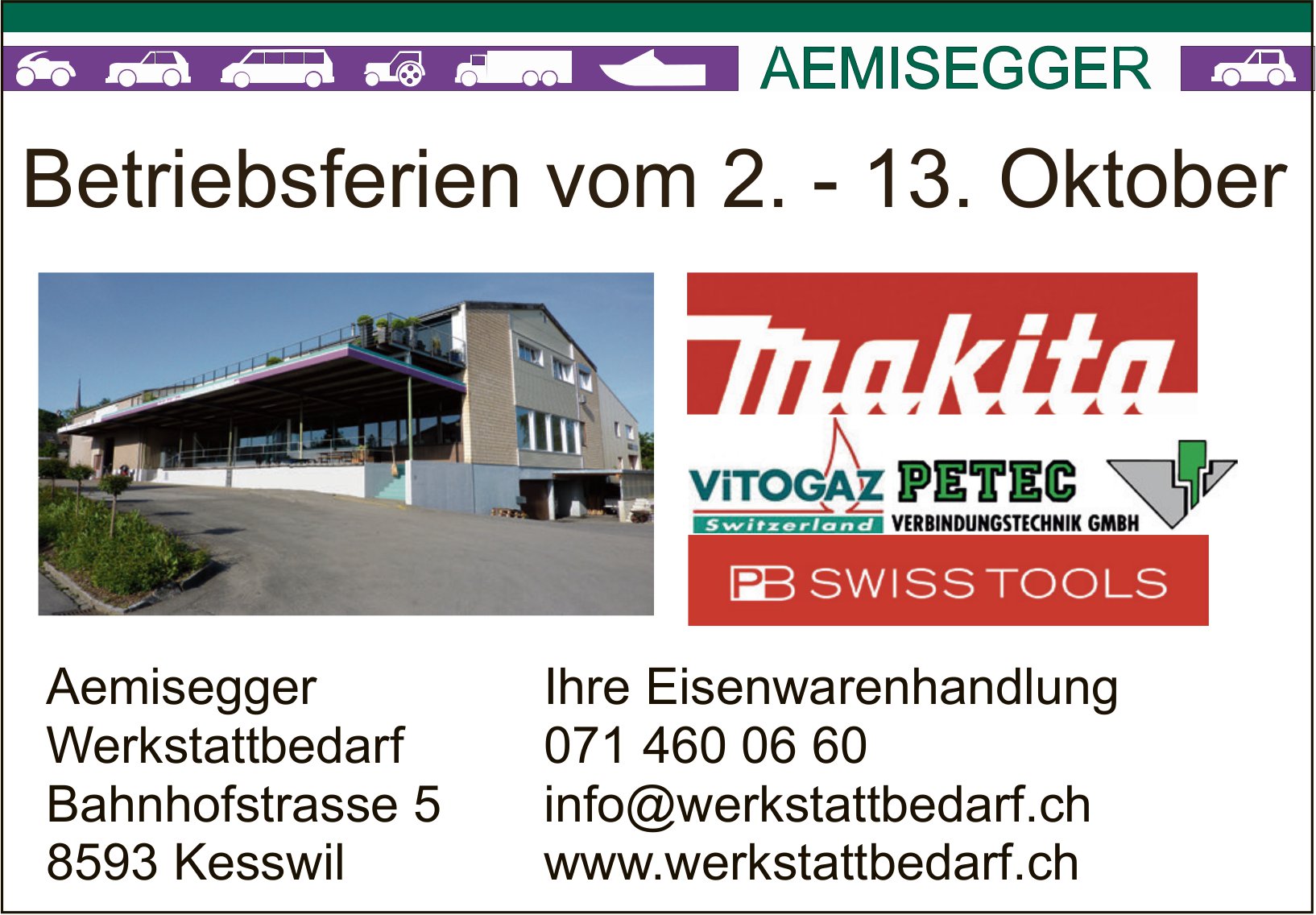 VERBINDUNGSTECHNIK GMBH, Kesswil - Betriebsferien vom 2. - 13. Oktober