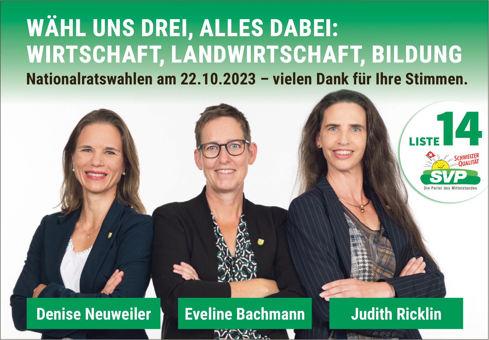 SVP, Wähl uns drei, alles dabei: Wirtschaft,  Landwirtschaft,  Bildung