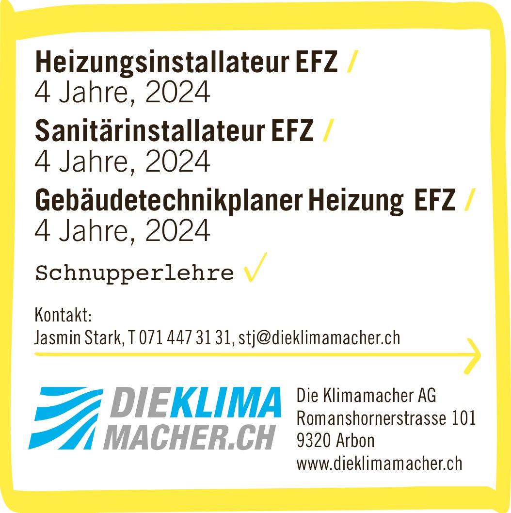 Klimamacher AG, Arbon - Heizungsinstallateur EFZ / Sanitärinstallateur EFZ / Gebäudetechnikplaner Heizung EFZ /