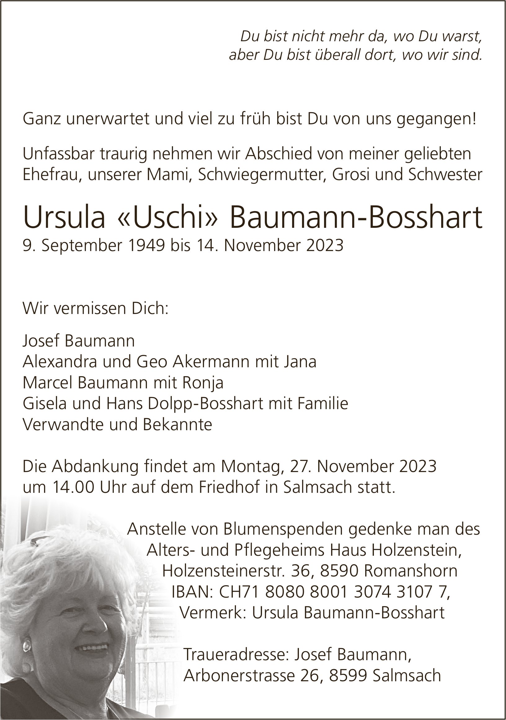 Baumann-Bosshart Ursula «Uschi», November 2023 / TA