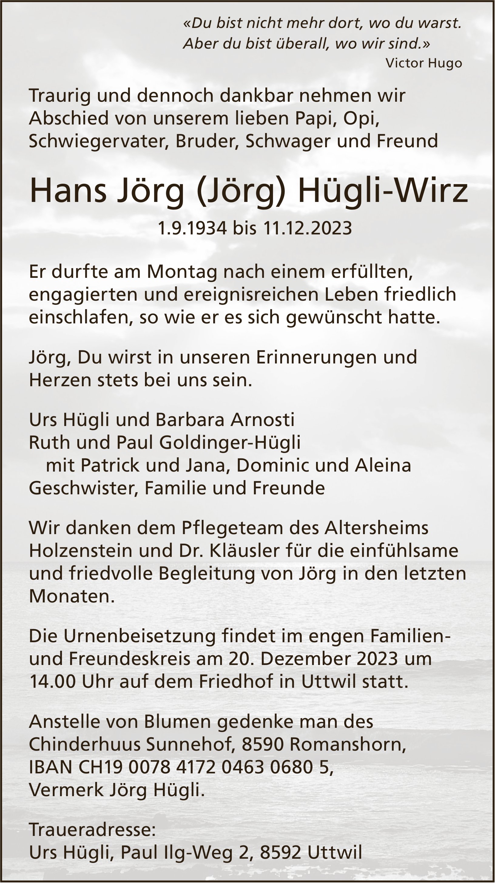 Jörg Hans (Jörg) Hügli-Wirz, Dezember 2023 / TA