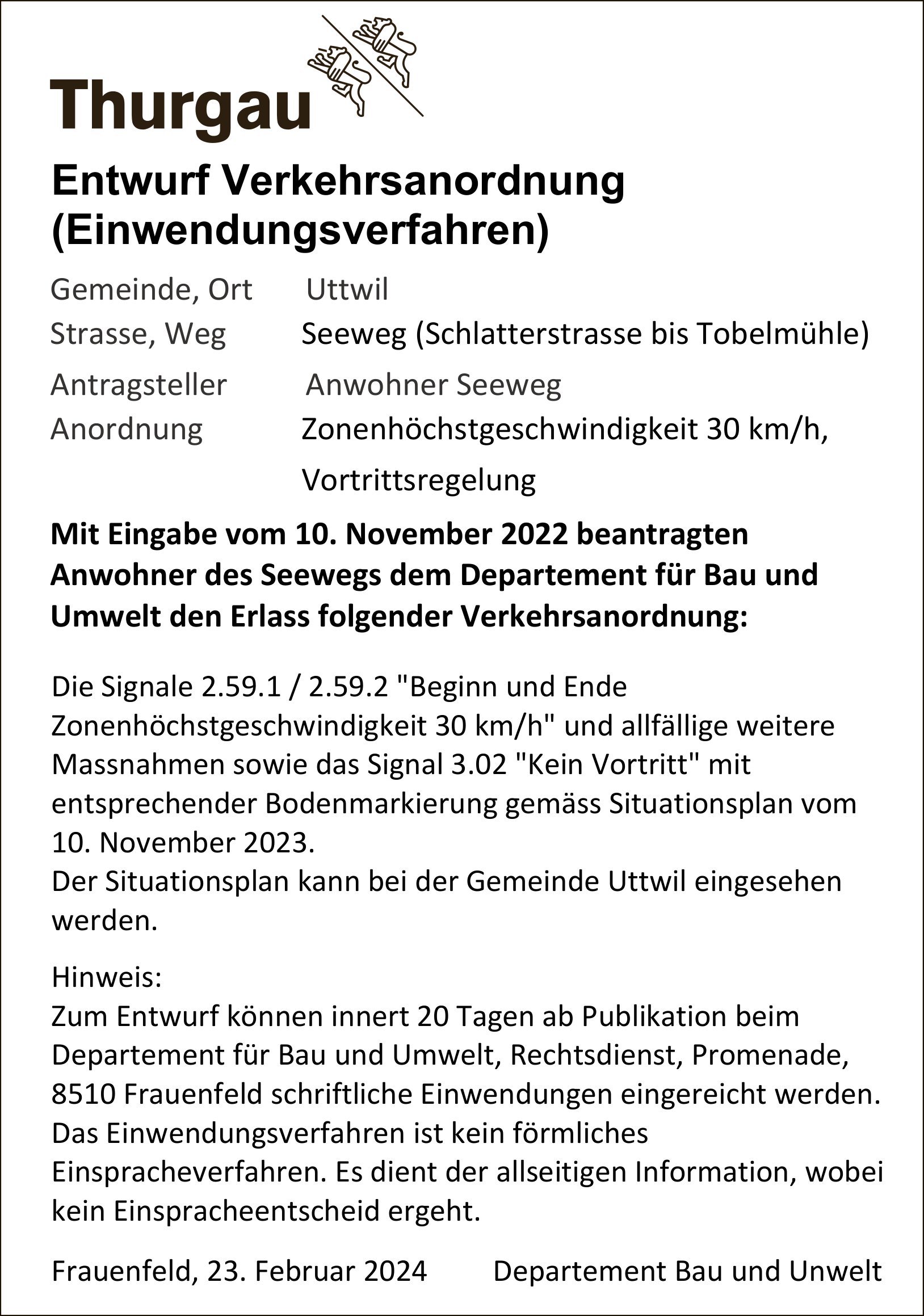 Frauenfeld - Thurgau, Entwurf Verkehrsanordnung
