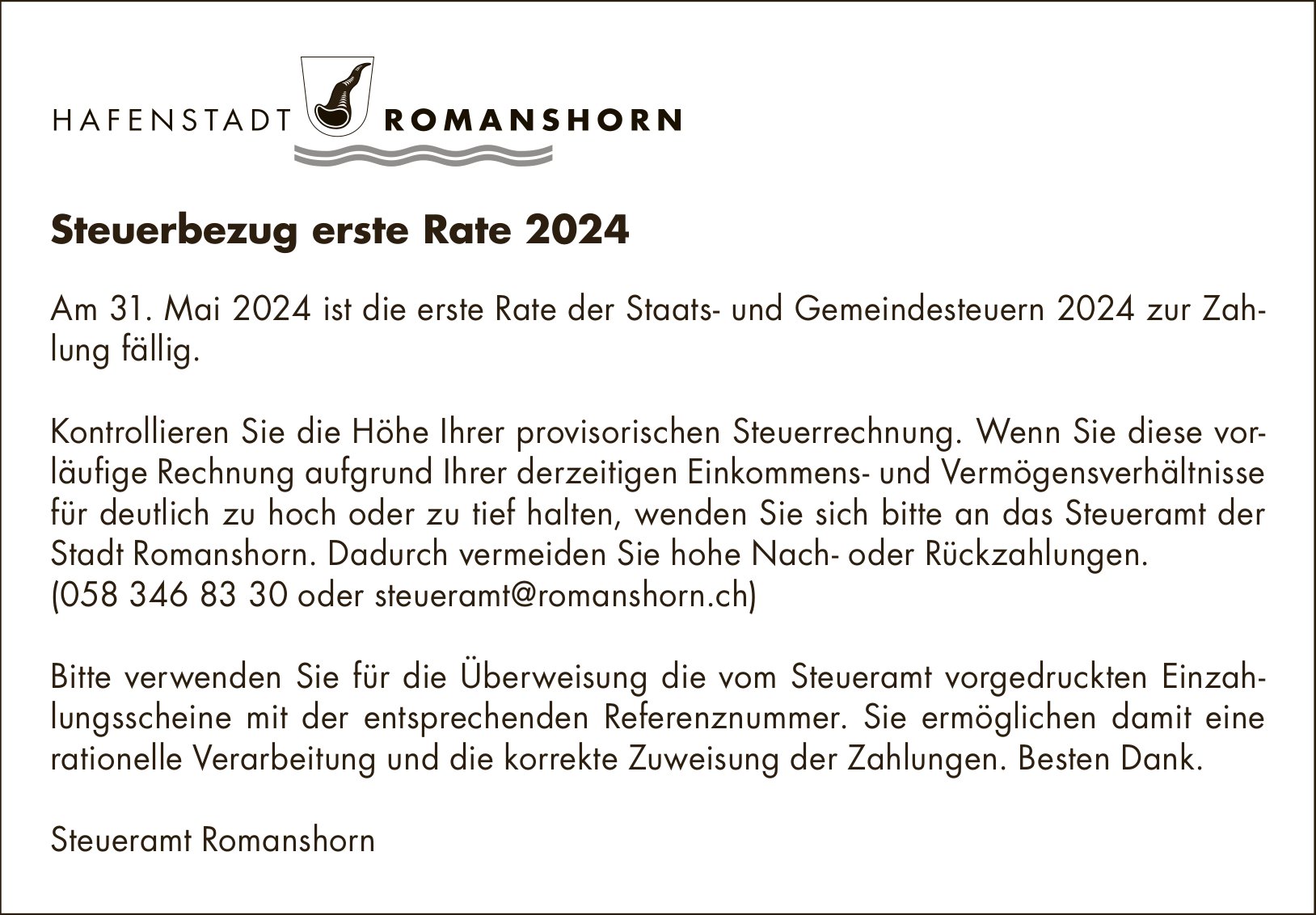 Romanshorn - Steuerbezug Erste Rate 2024
