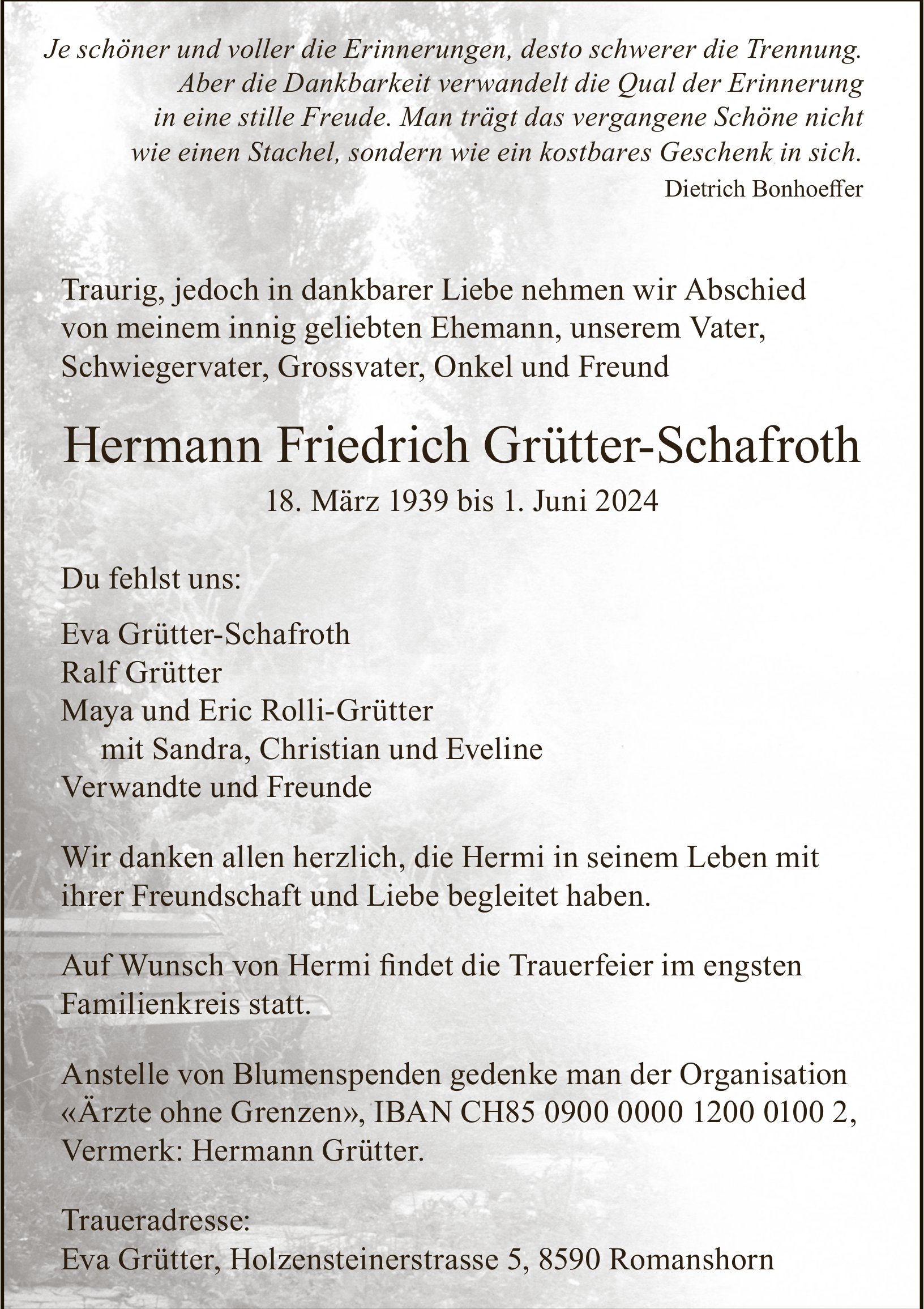 Grütter-Schafroth Hermann Friedrich, Juni 2024 / TA