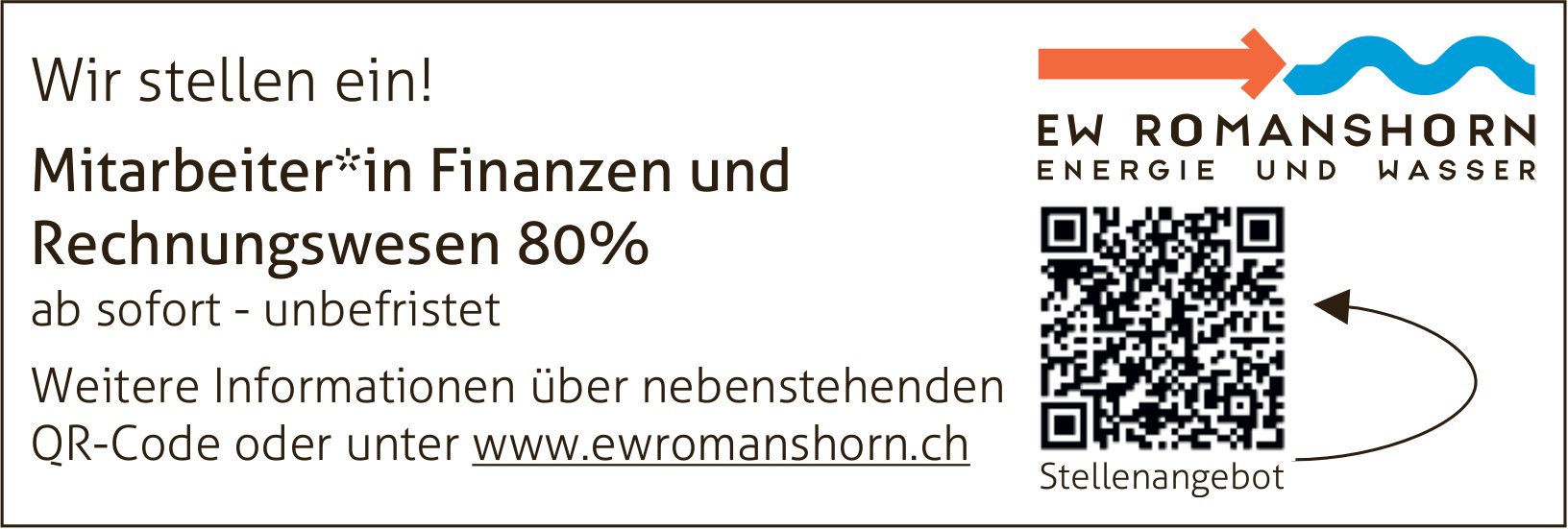 EW Romanshorn Energie und Wasser, Mitarbeiter*in Finanzen und ab sofort - unbefristet Wir stellen ein! Rechnungswesen 80%