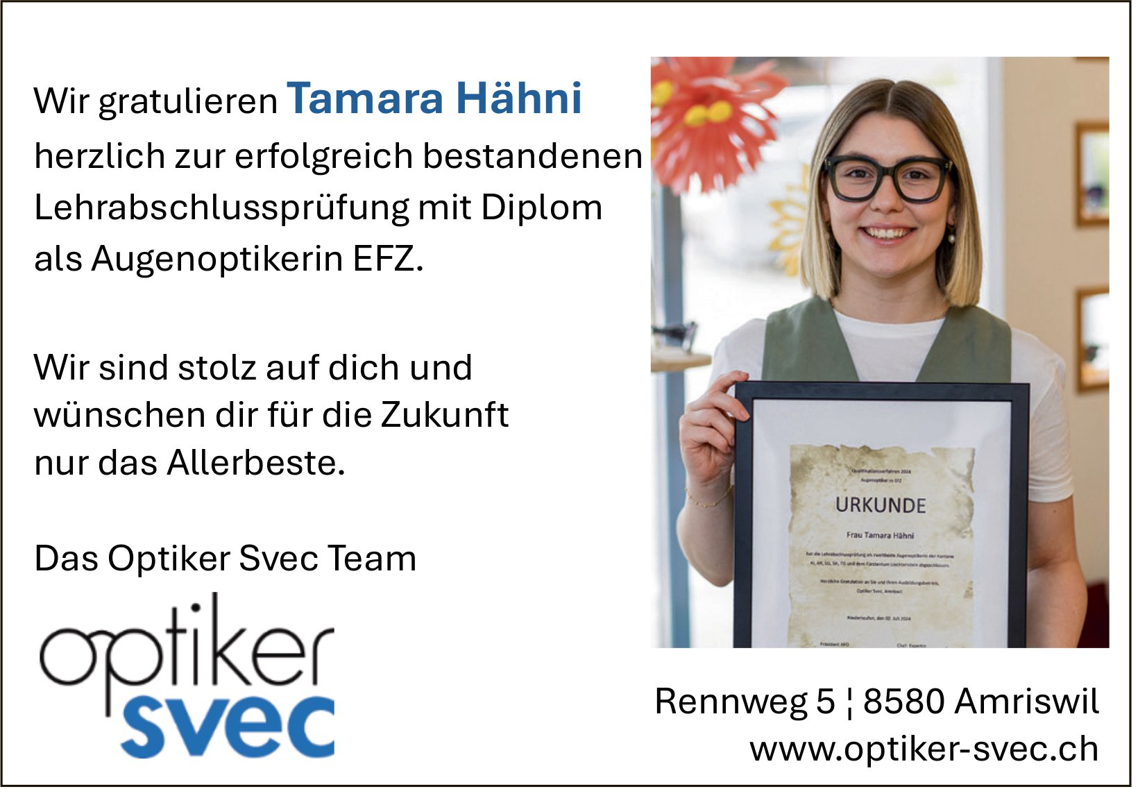 Optiker Svec, Amriswil - Wir gratulieren Tamara Hähni
