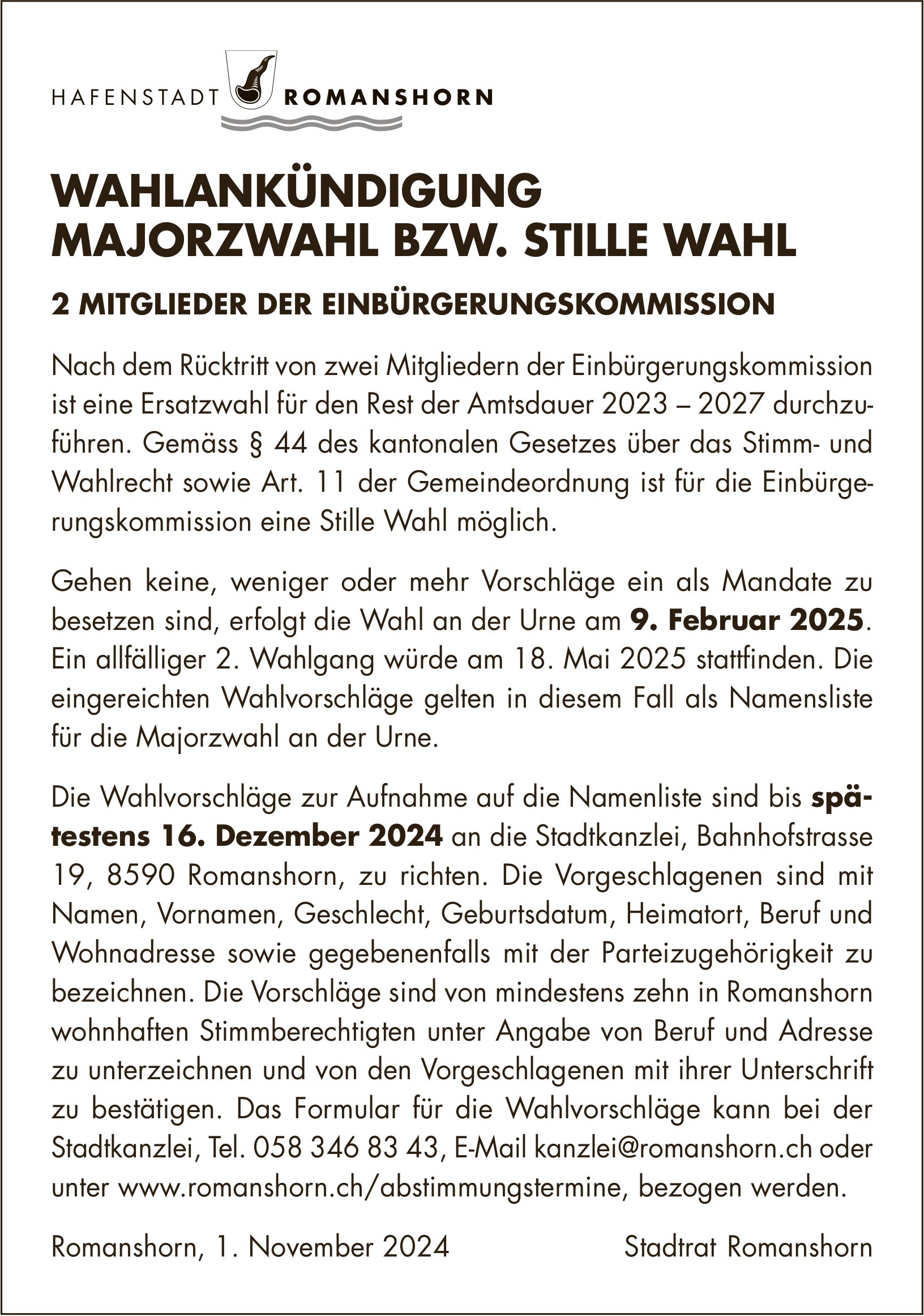 WAHLANKÜNDIGUNG MAJORZWAHL BZW. STILLE WAHL, Stadt Romanshorn