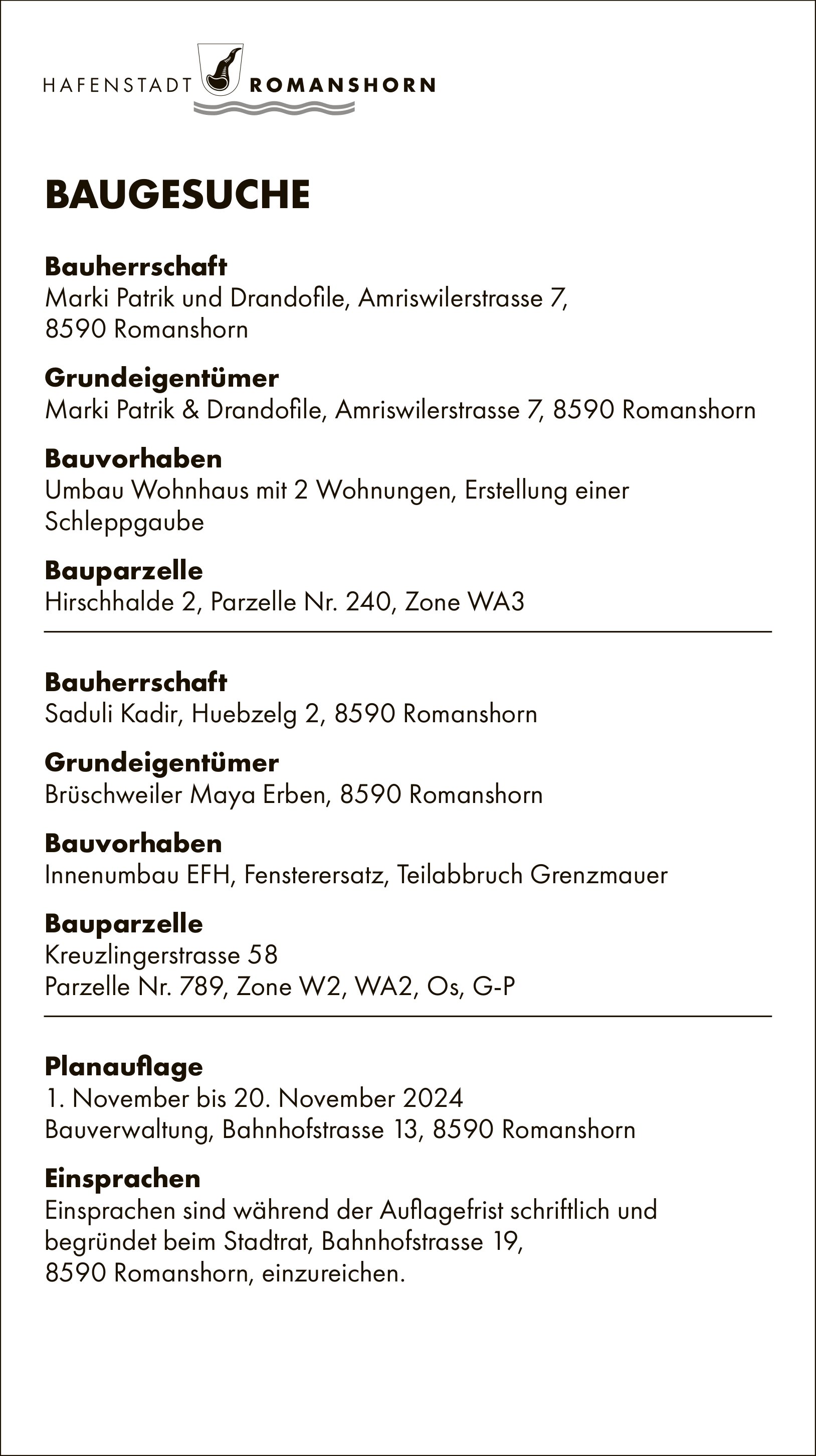 BAUGESUCHE von 1. bis 20. November 2024, Stadt Romanshorn