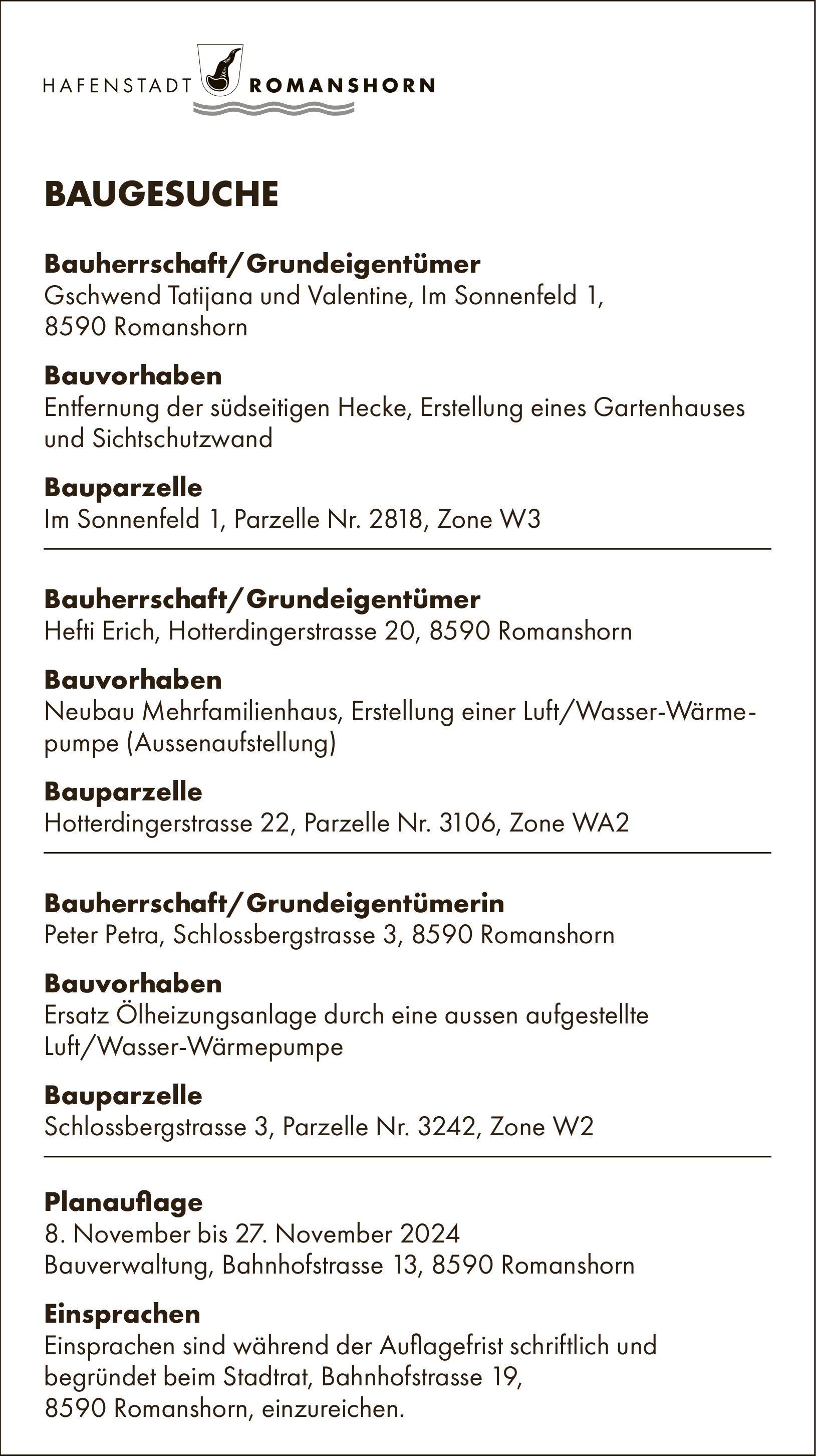 BAUGESUCHE vom 8. bis 27. November 2024, Stadt Romanshorn