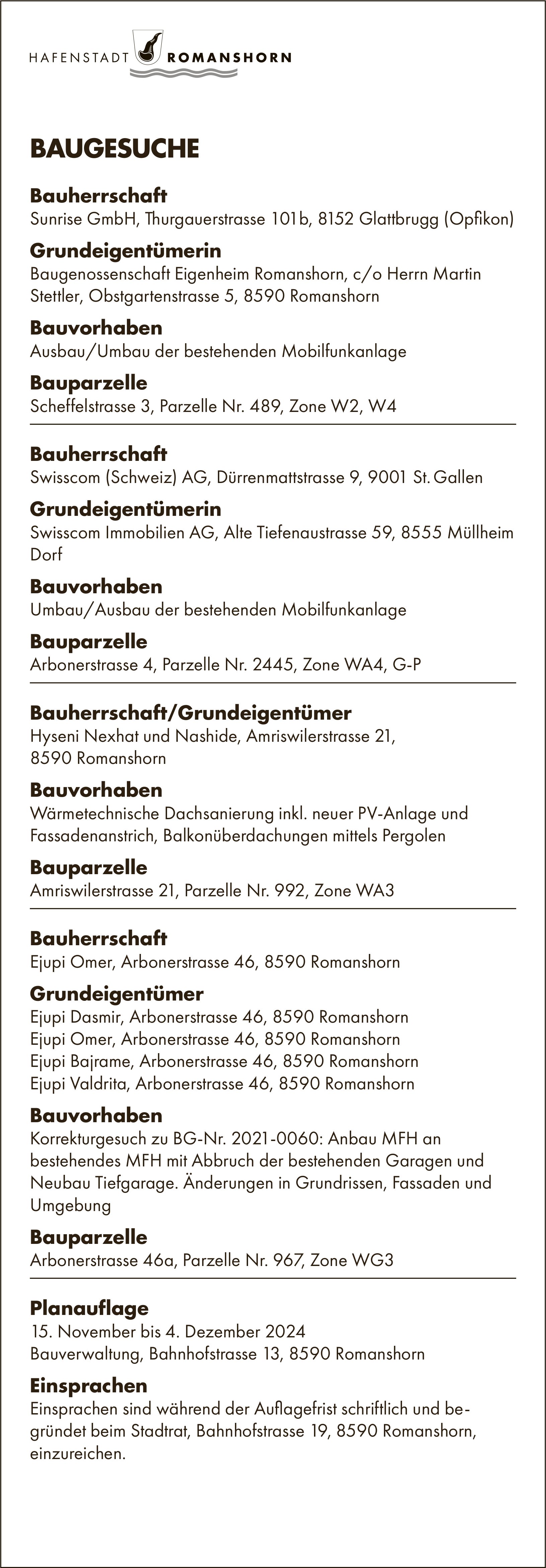 BAUGESUCHE vom 15. November bis 4. Dezember 2024, Stadt Romanshorn