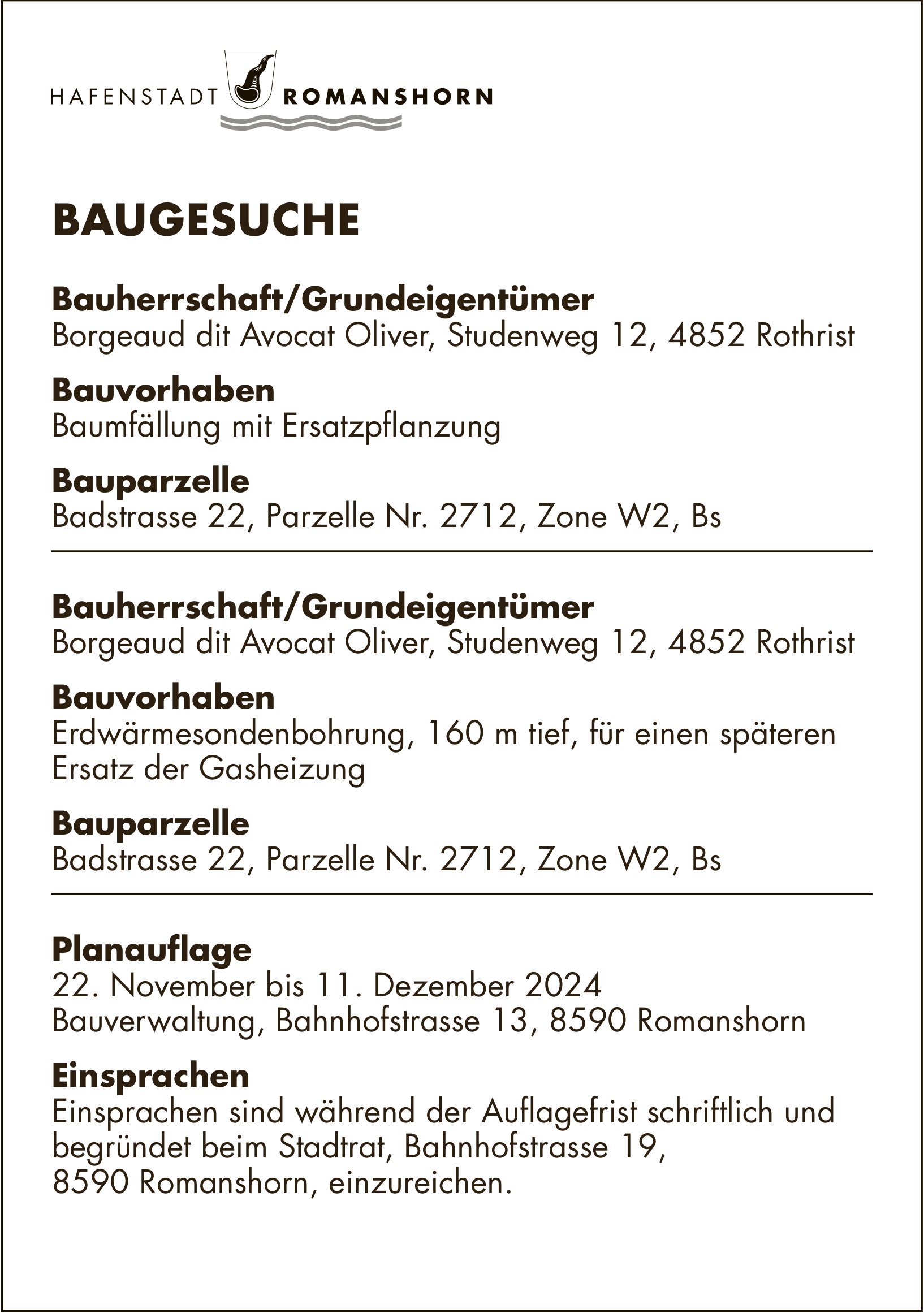 BAUGESUCHE vom 22. November bis 11. Dezember 2024, Stadt Romanshorn