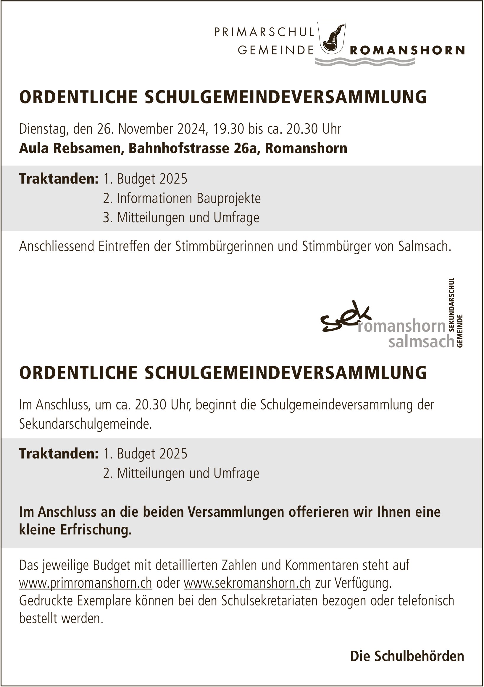 Schulgemeindeversammlung, 26. November