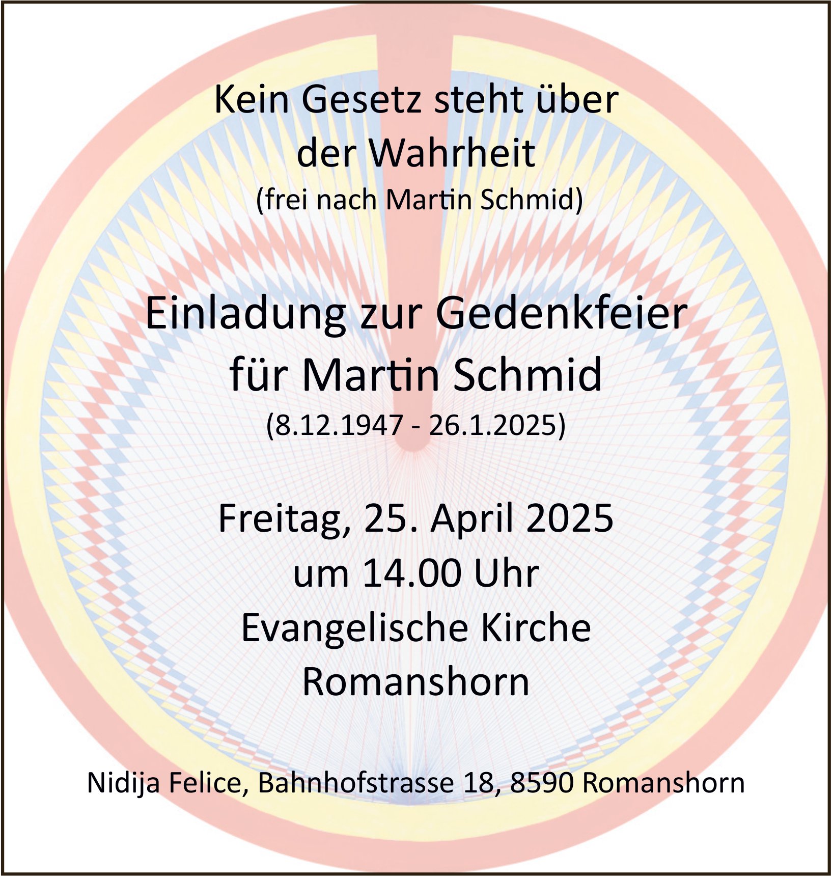 Einladung zur Gedenkfeier für Martin Schmid, im April 2025 / DS
