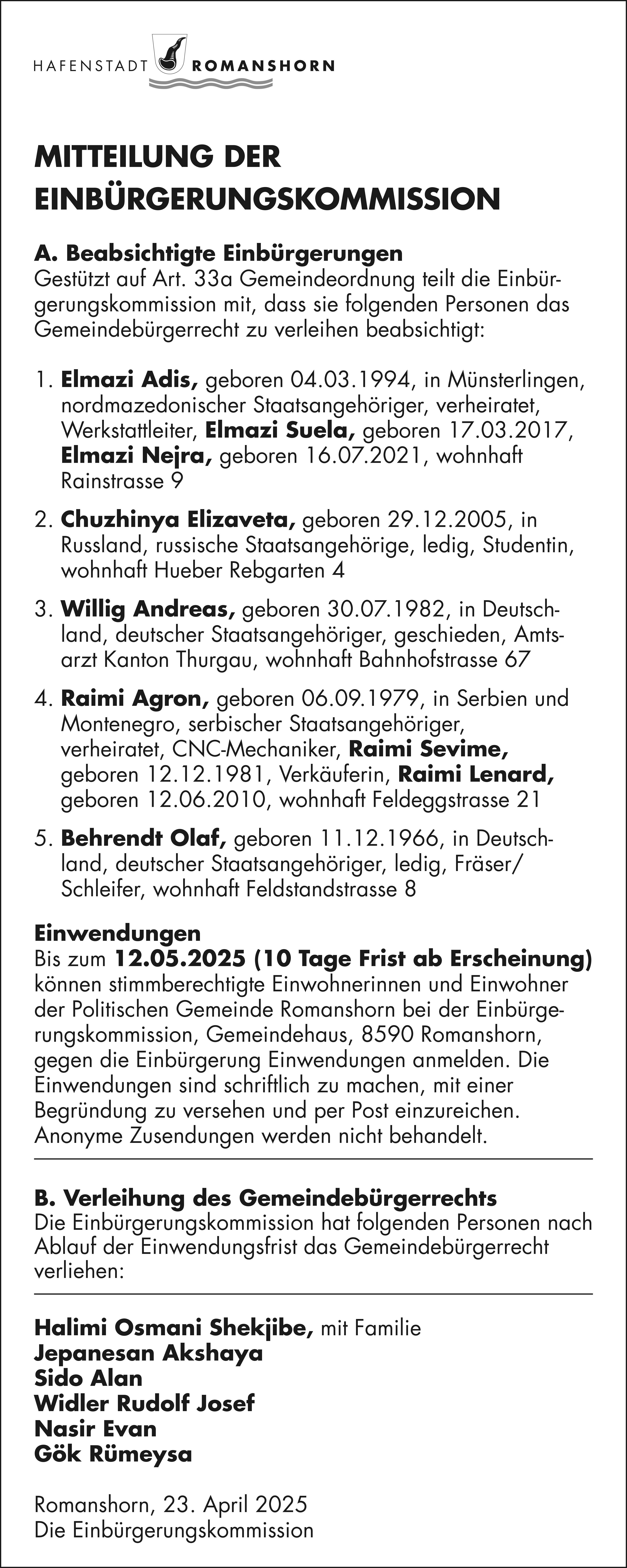MITTEILUNG DER EINBÜRGERUNGSKOMMISSION, Hafenstadt Romanshorn