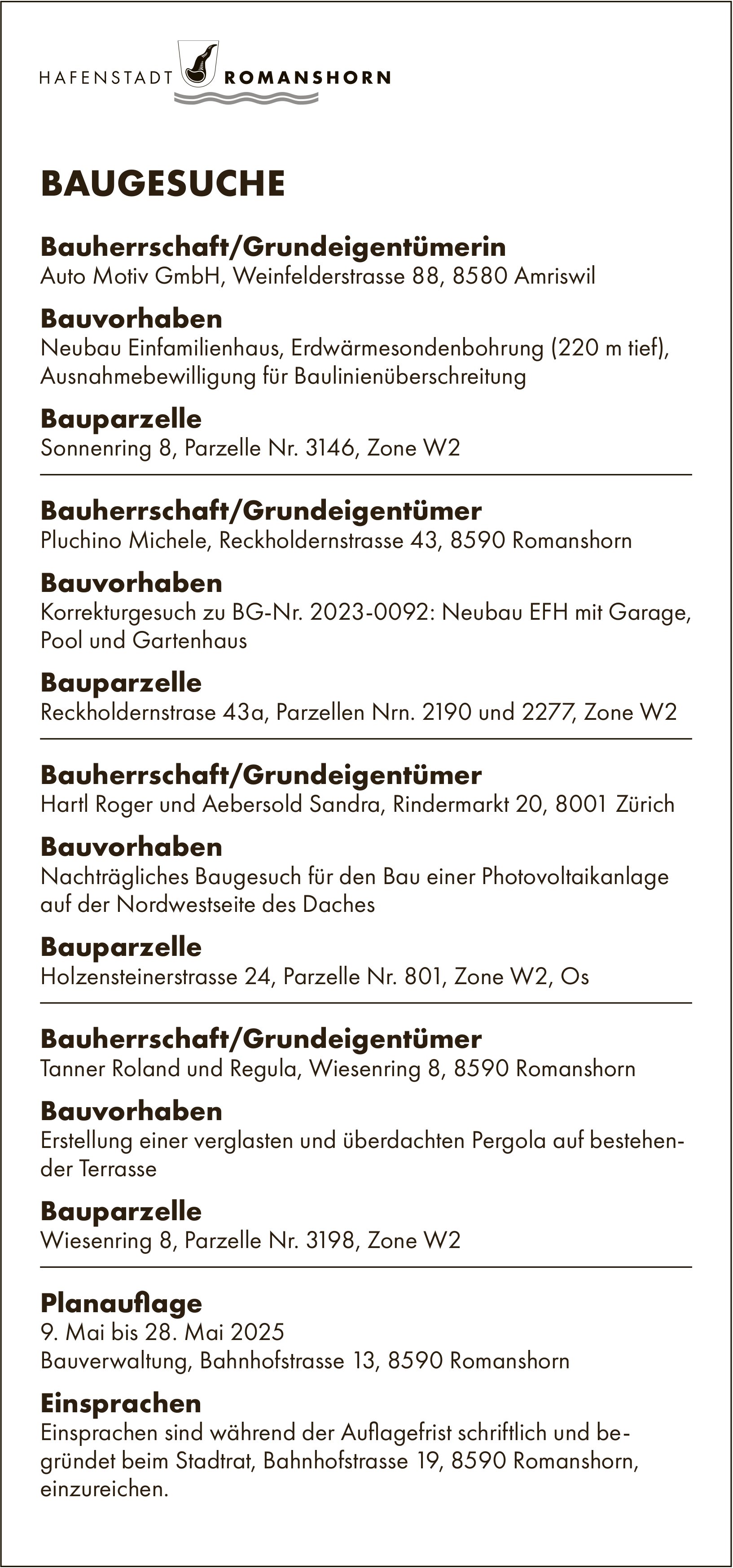 BAUGESUCHE vom 9. bis 28. Mai 2025, Hafenstadt Romanshorn