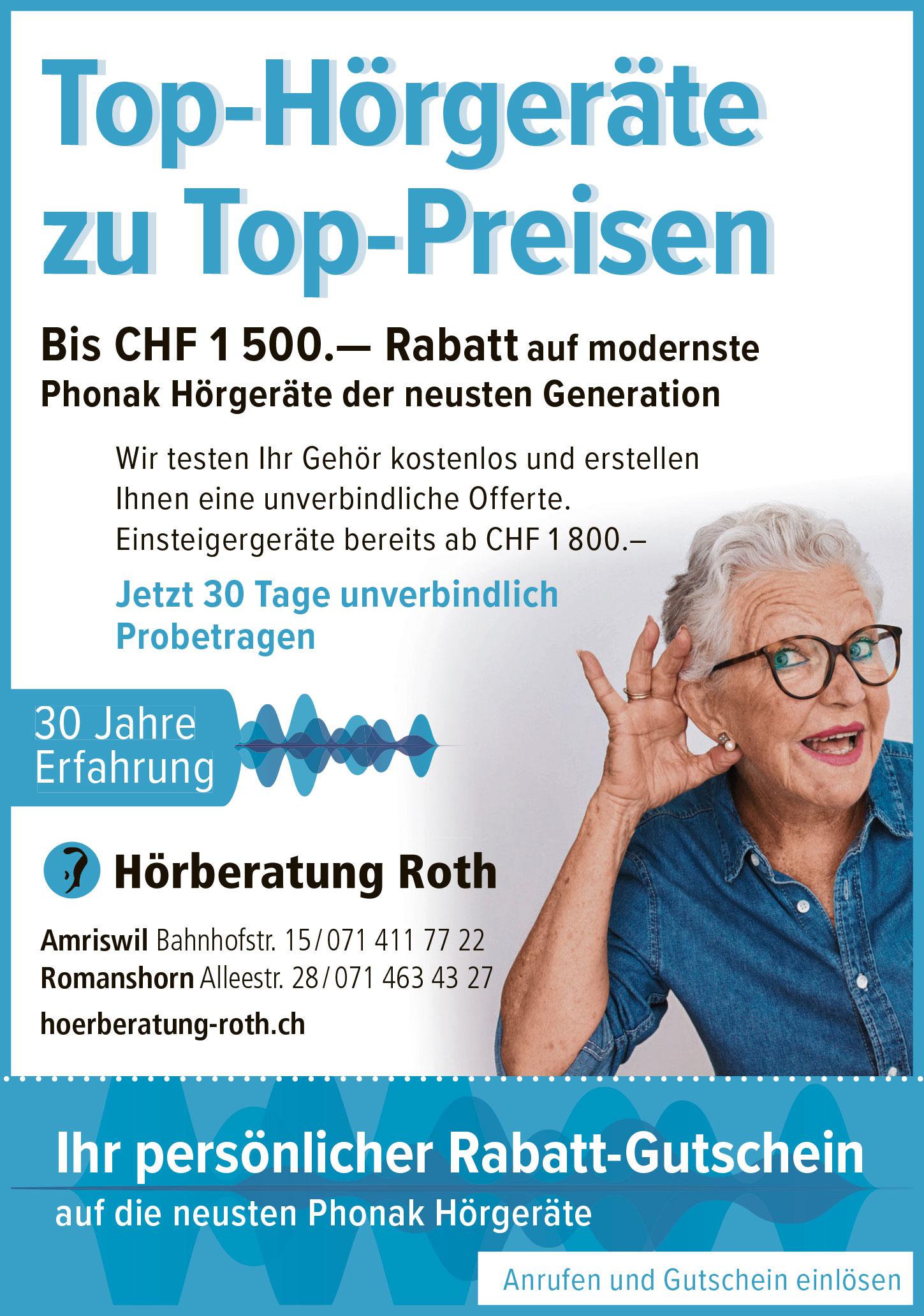Hoerberatung-roth.ch, Amriswil - persönlicher Rabatt-Gutschein auf die neusten Phonak Hörgeräte
