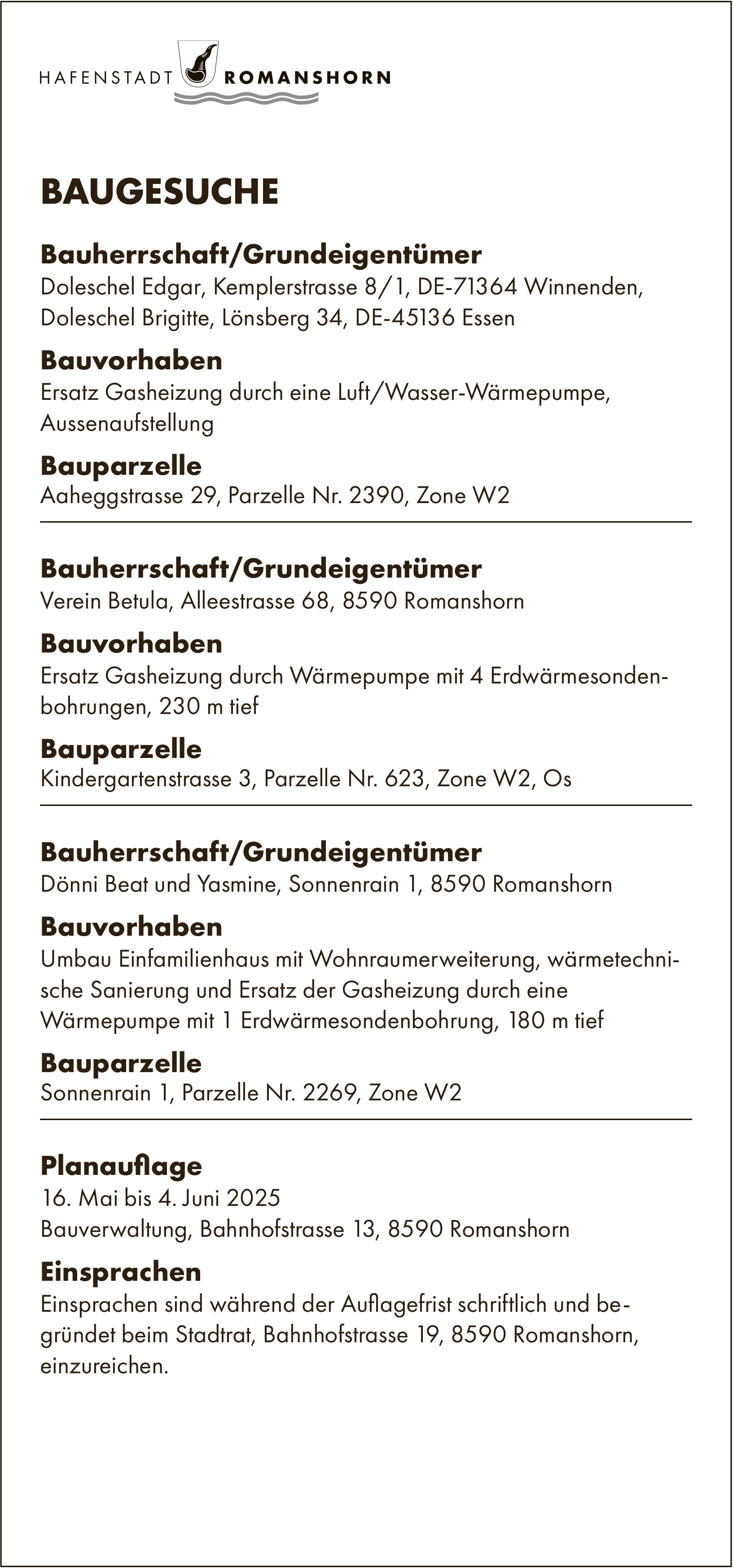 BAUGESUCHE vom 16. Mai bis 4. Juni 2025, Hafenstadt Romanshorn