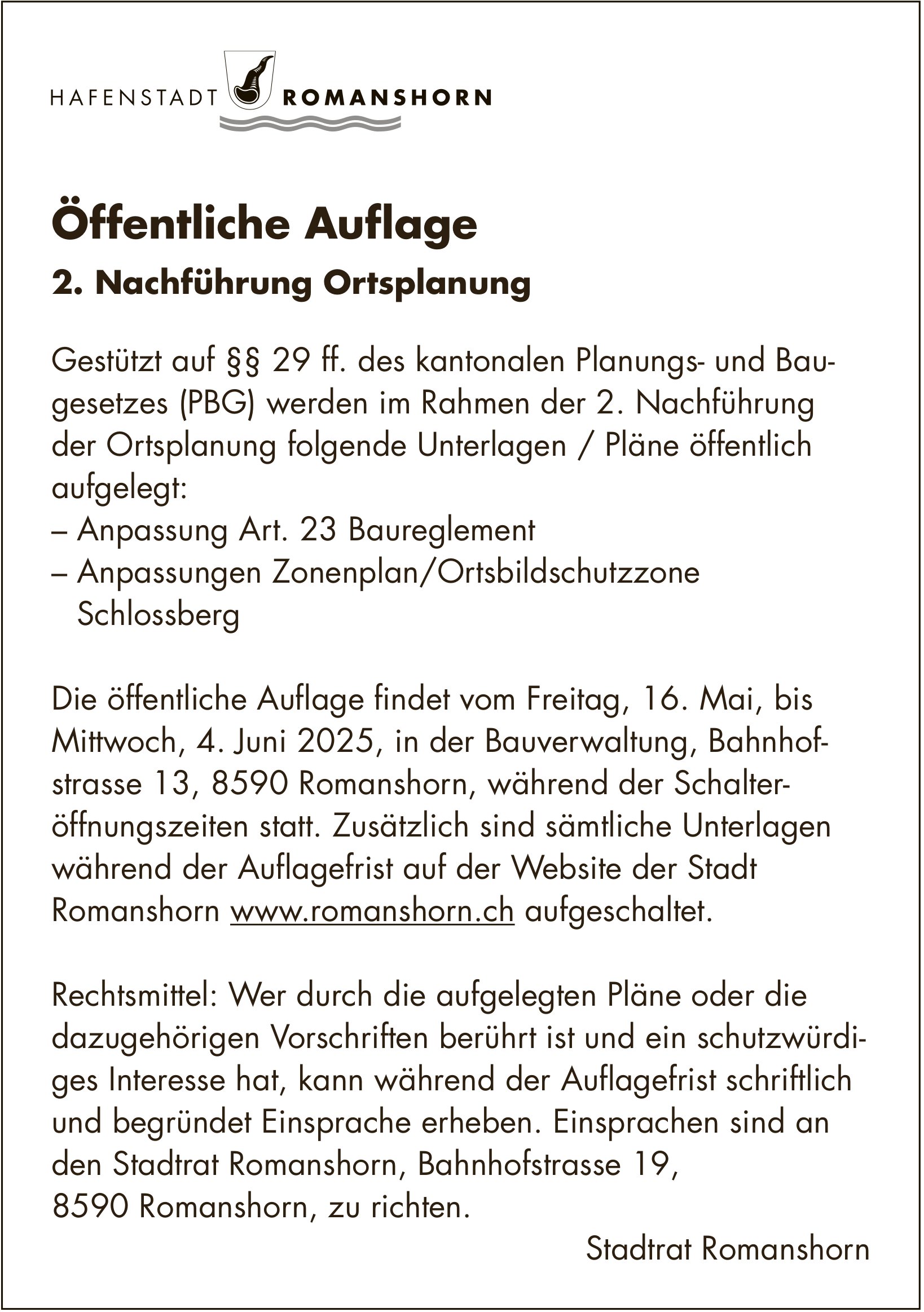 Baugesuche, Romanshorn, Öffentliche Auflage