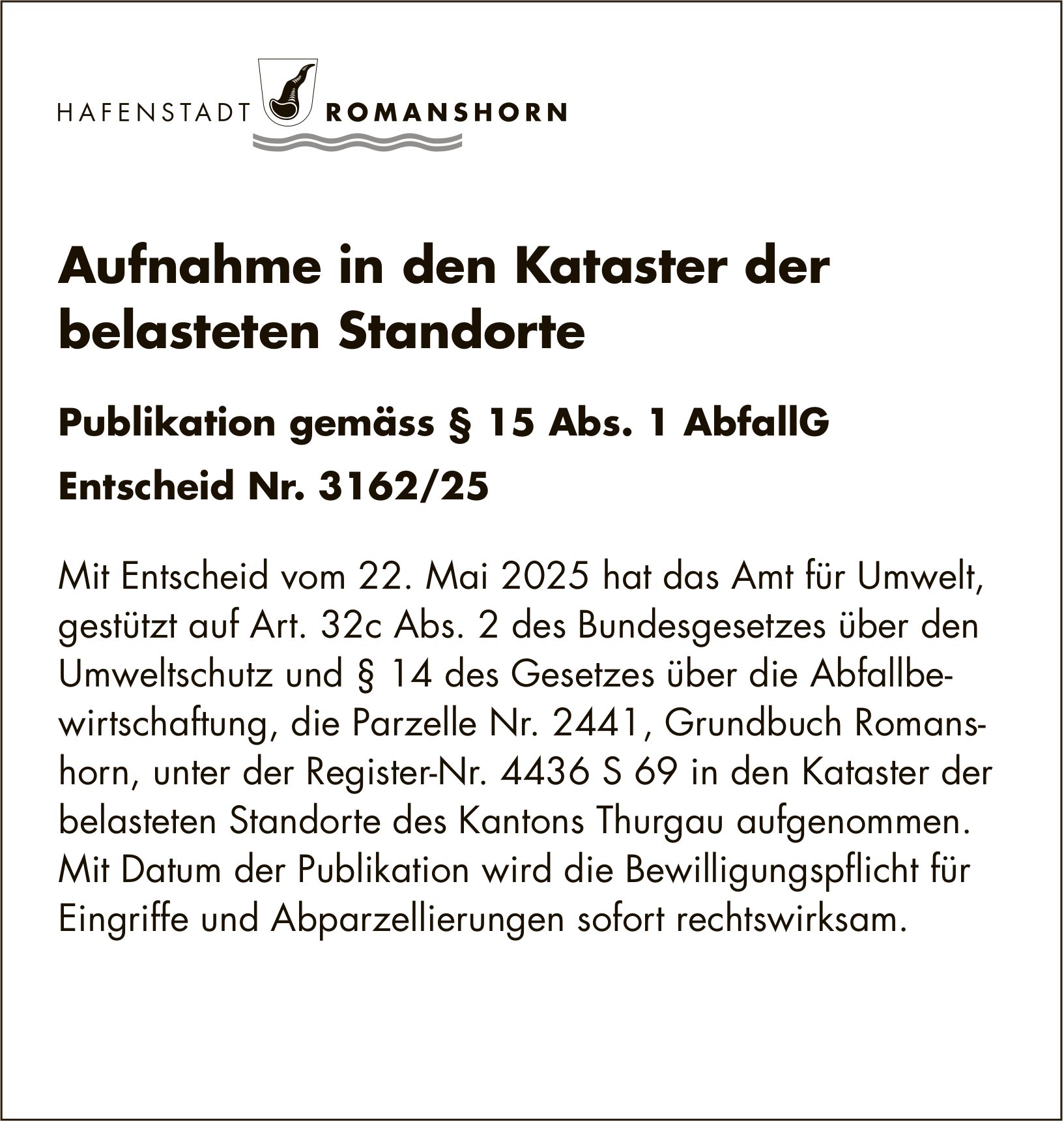 Aufnahme in den Kataster der belasteten Standorte, Hafenstadt Romanshorn
