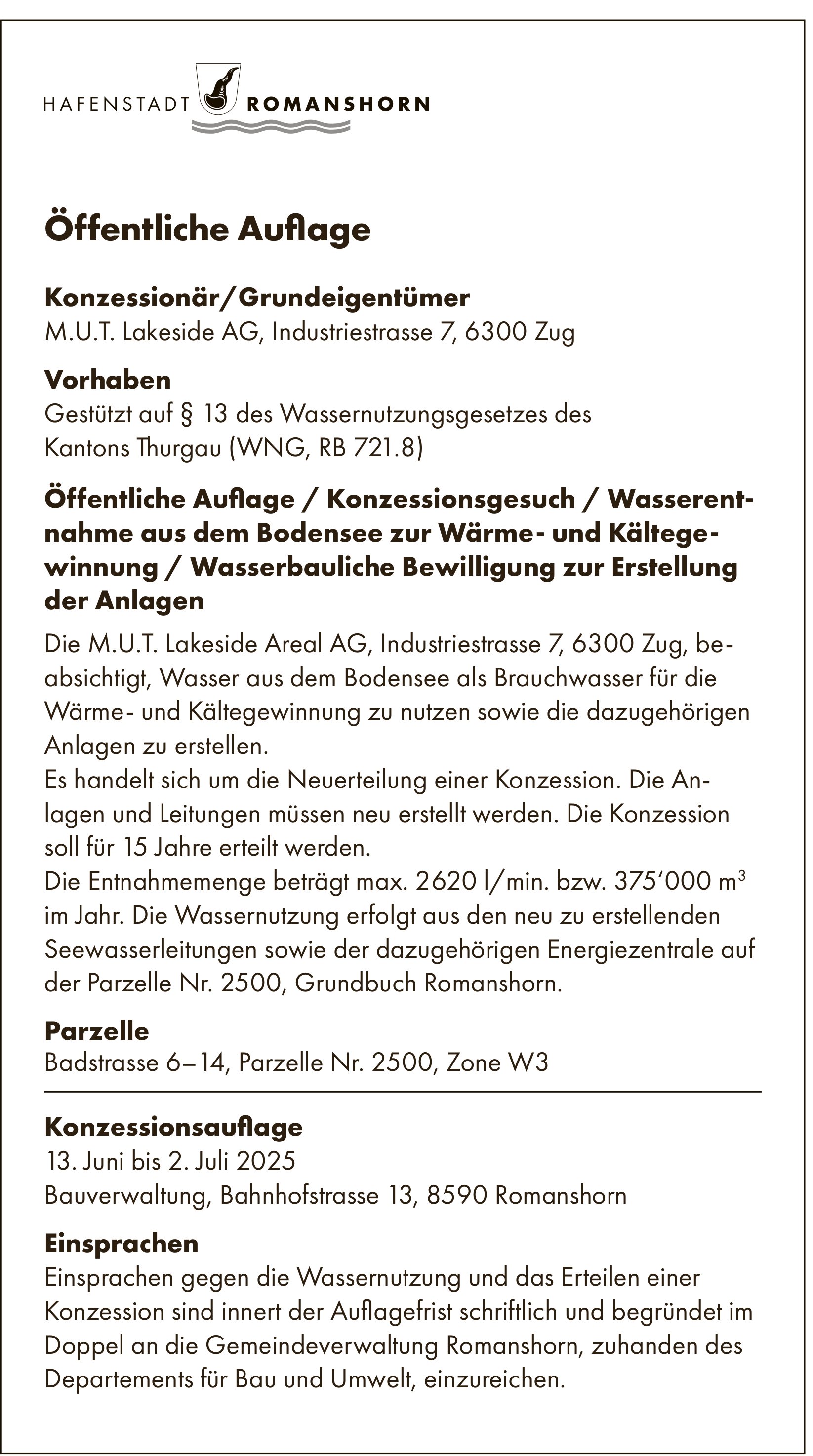 Öffentliche Auflage vom 13. Juni bis 2. Juli 2025, Hafenstadt Romanshorn
