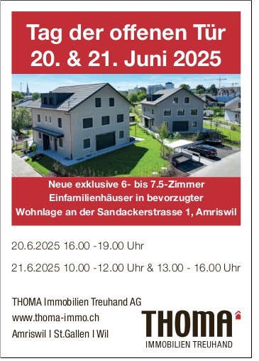 Tag der offenen Tür: 6- bis 7.5-Zimmer Einfamilienhäuser, 20./21. Juni, Amriswil