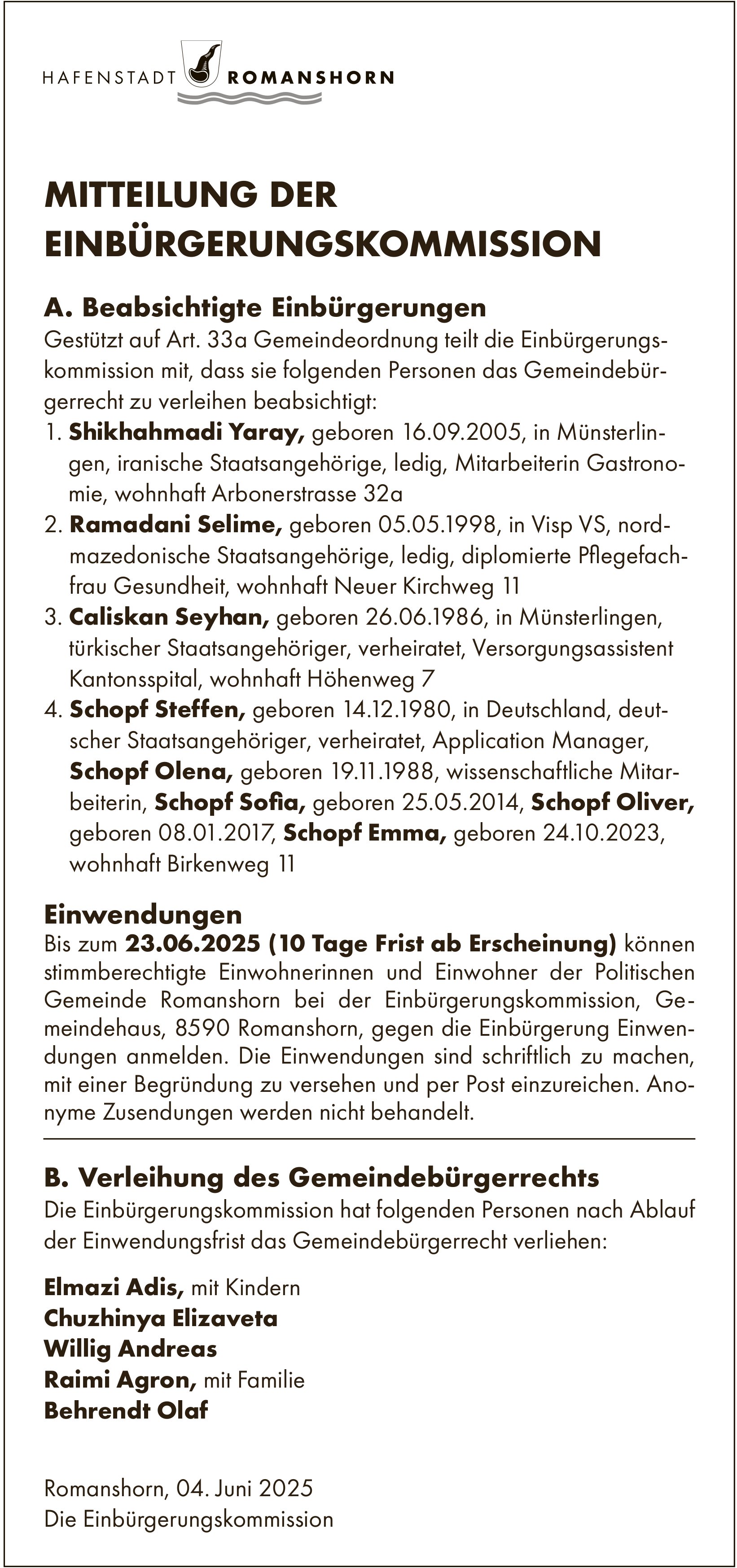 Einbürgerungskommission, Hafenstadt Romanshorn