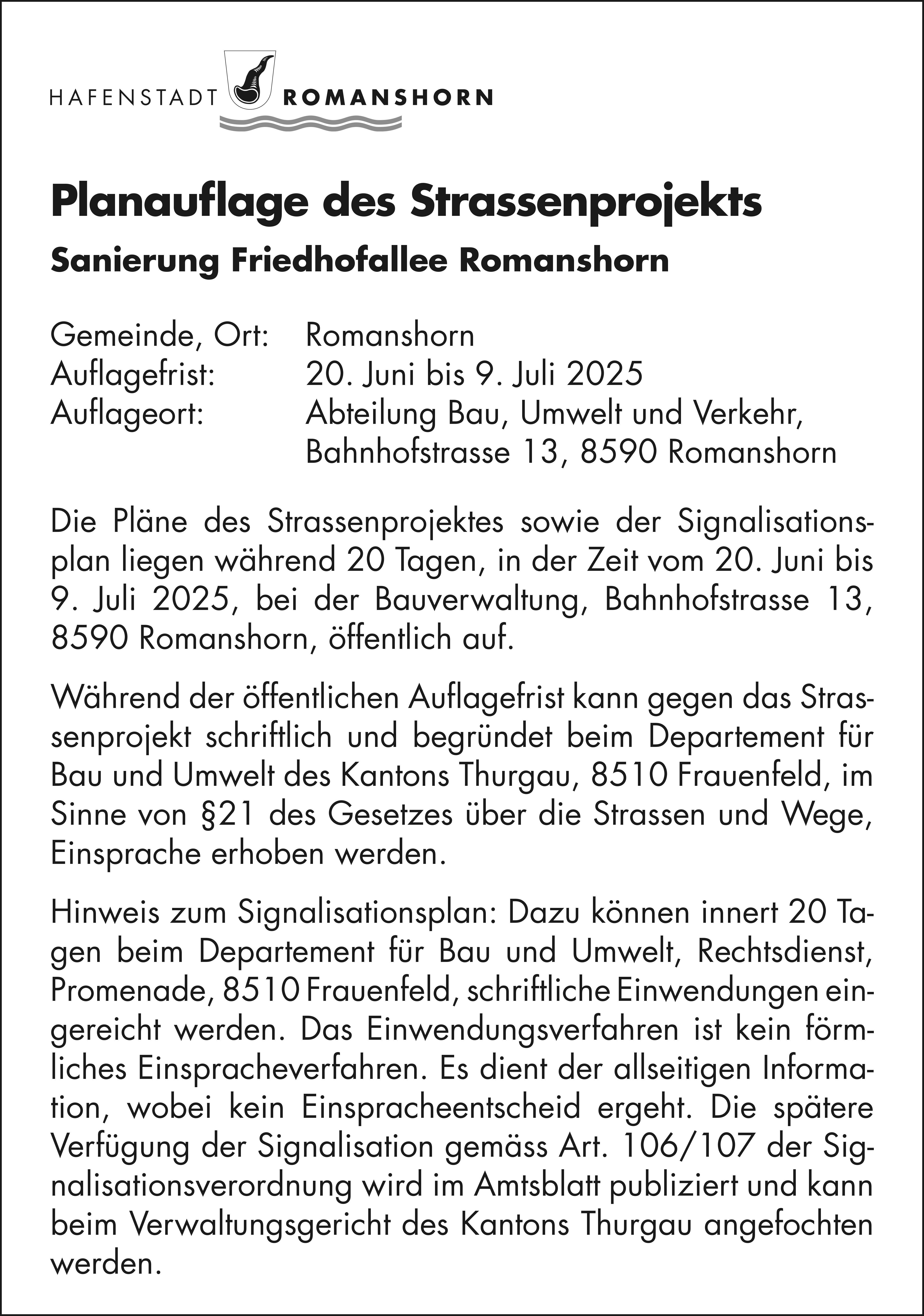 Hafenstadt Romanshorn, Planauflage des Strassenprojekts